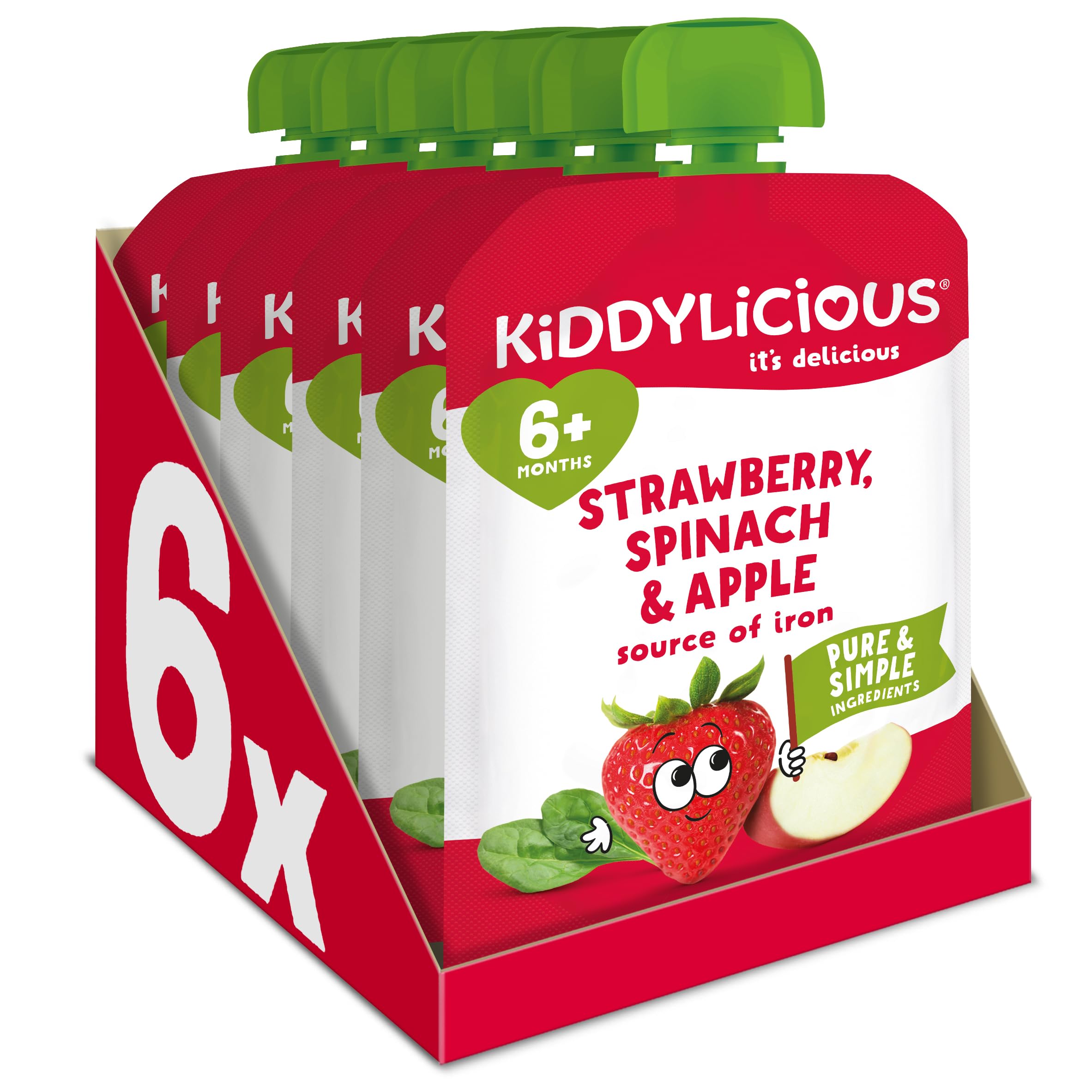 Kiddylicious Apple, Strawberry & Spinach Fruit Pouches - 6 x 100g Pack | Suitable for 6+ Months 1
