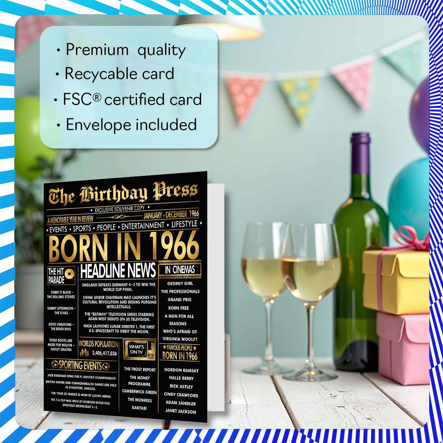Stuff4 60th Birthday Card for Men & Women - Black & Golden Newspaper Design Born in 1966 3