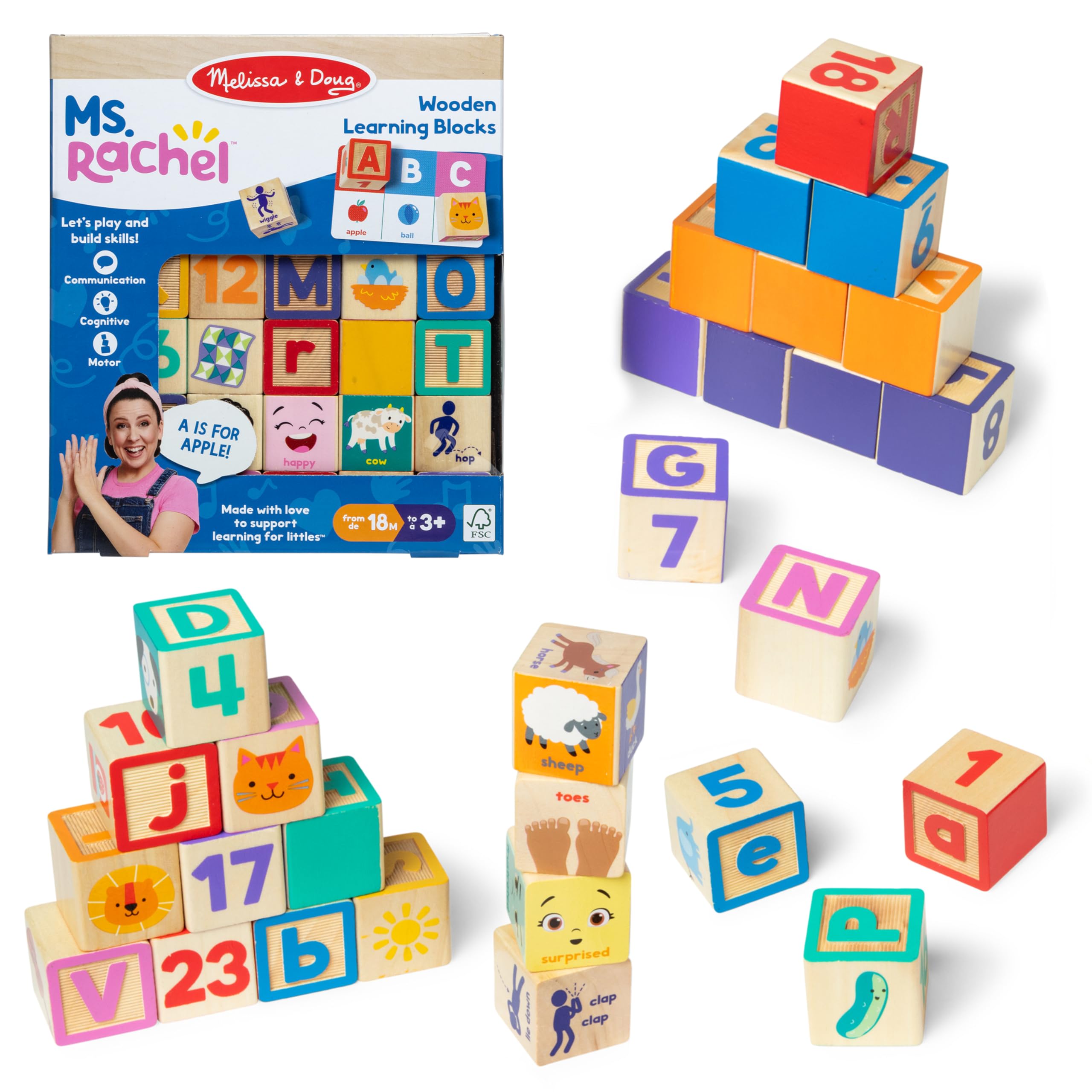 Melissa & Doug Ms. Rachel Wooden Learning Blocks Set for Ages 18 Months+ | 30 Blocks & 14 Cards