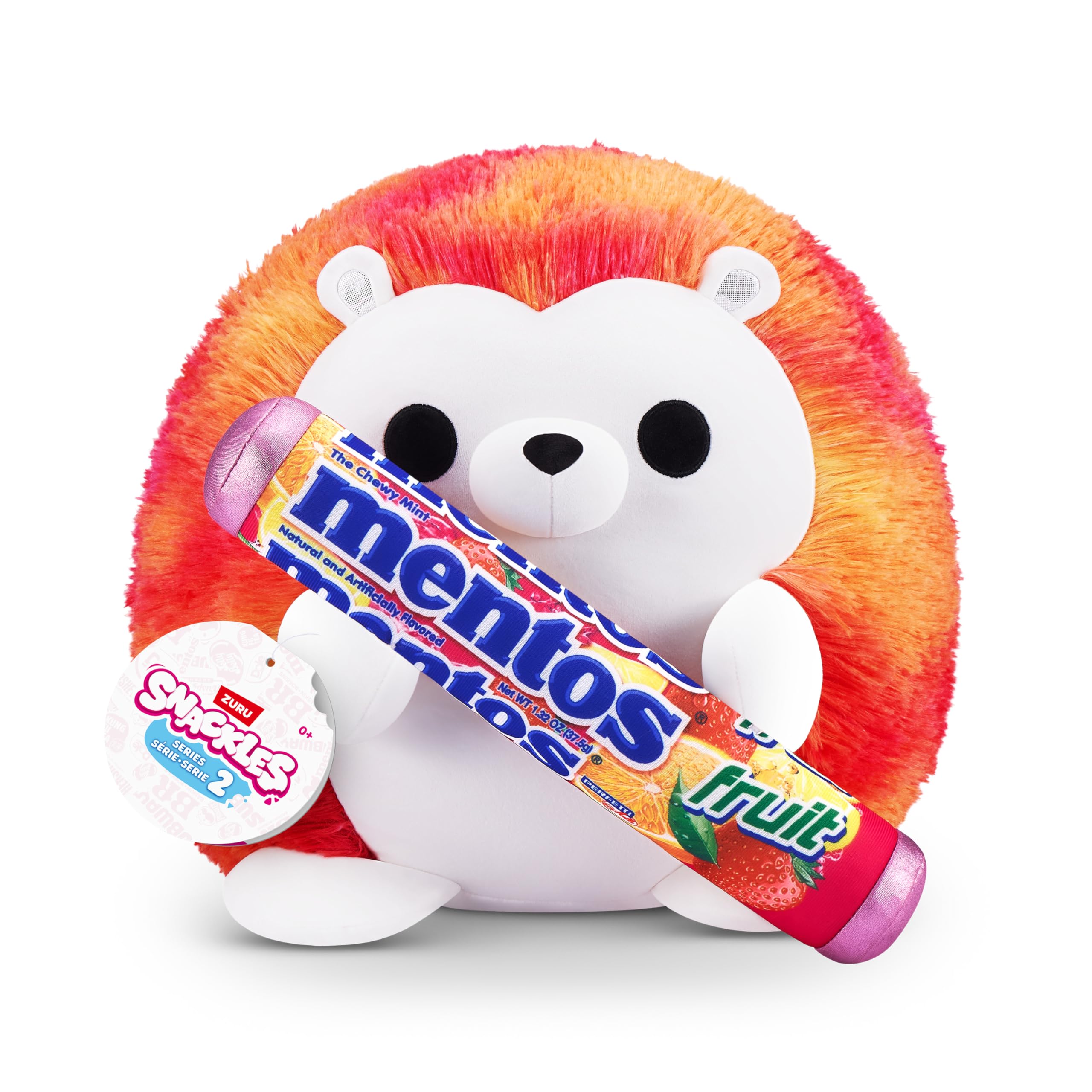 Snackles Serie 2 Igel – kuscheliges Squishy-Plüschtier mit Mentos-Fruchtsnack, 20 cm, braune Box