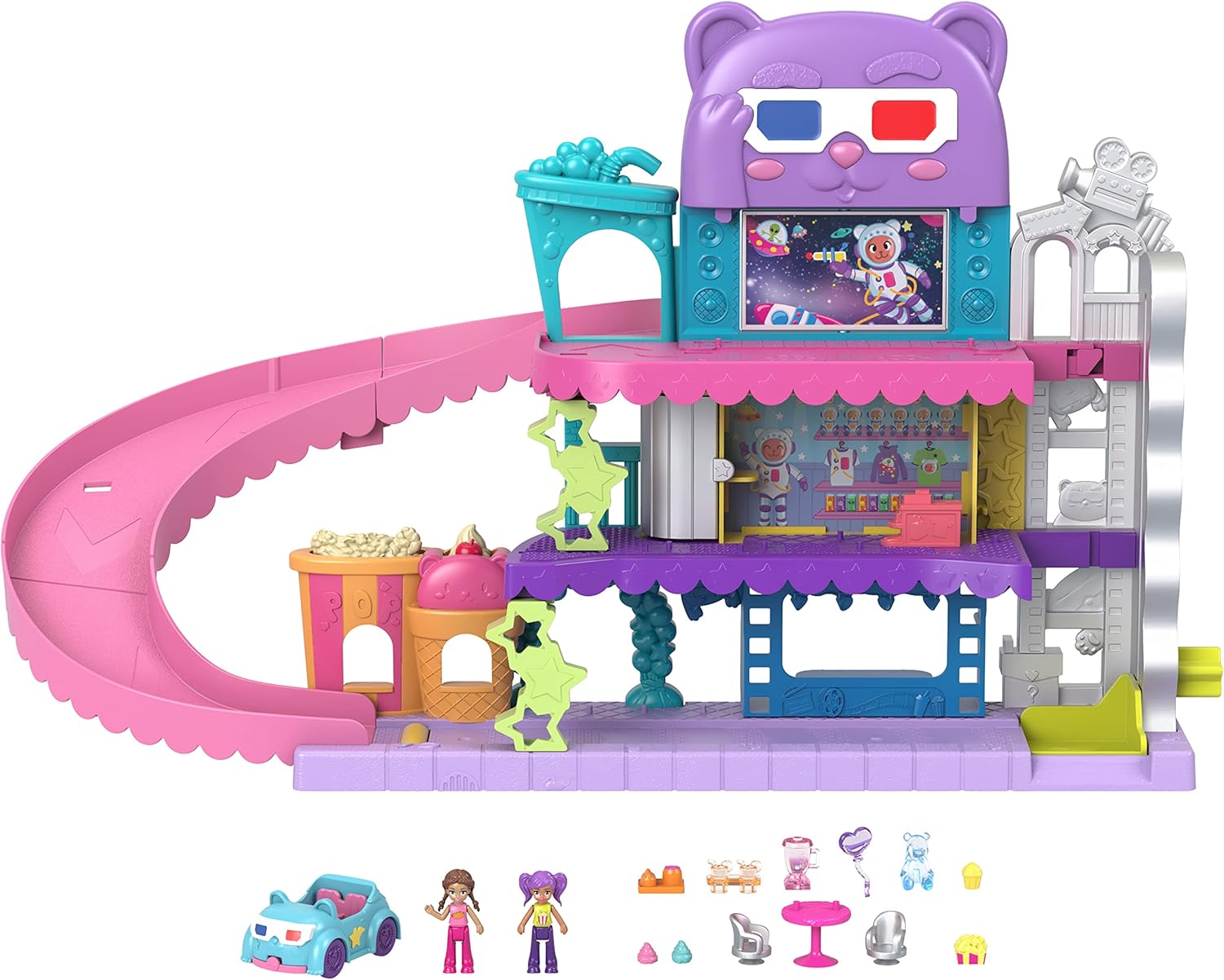 Polly Pocket Pollyville Drive-In Movie Theatre Playset - 3-Floor Interactive Playset with Micro Dolls & Car, Ages 4+ 1