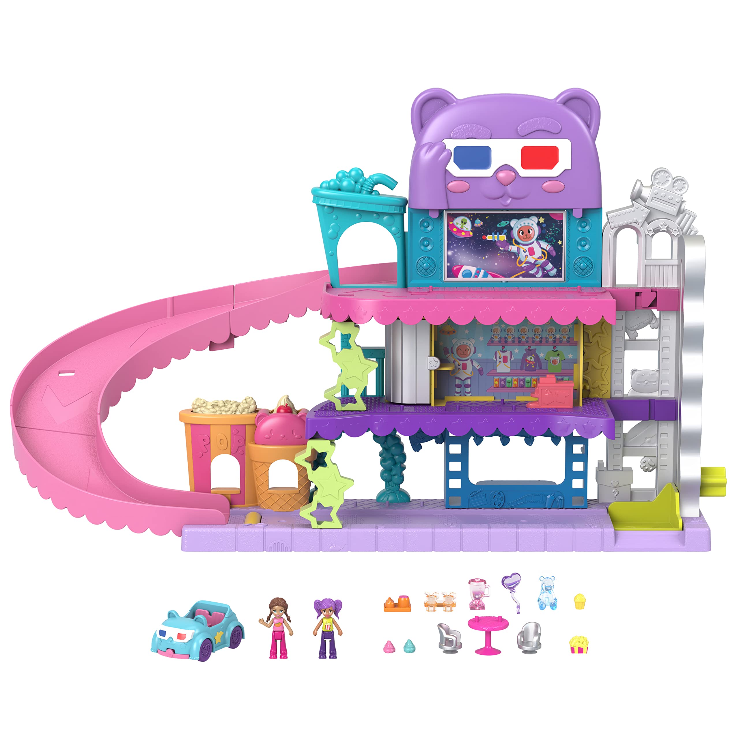 Polly Pocket Pollyville Drive-In Movie Theatre Playset with 2 Micro Dolls, 1 Toy Car, 11 Accessories 1