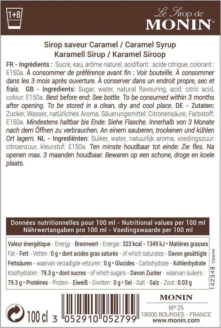 MONIN Premium Caramel Syrup 1L - Rich Caramel Flavor for Coffee, Cocktails & Baking