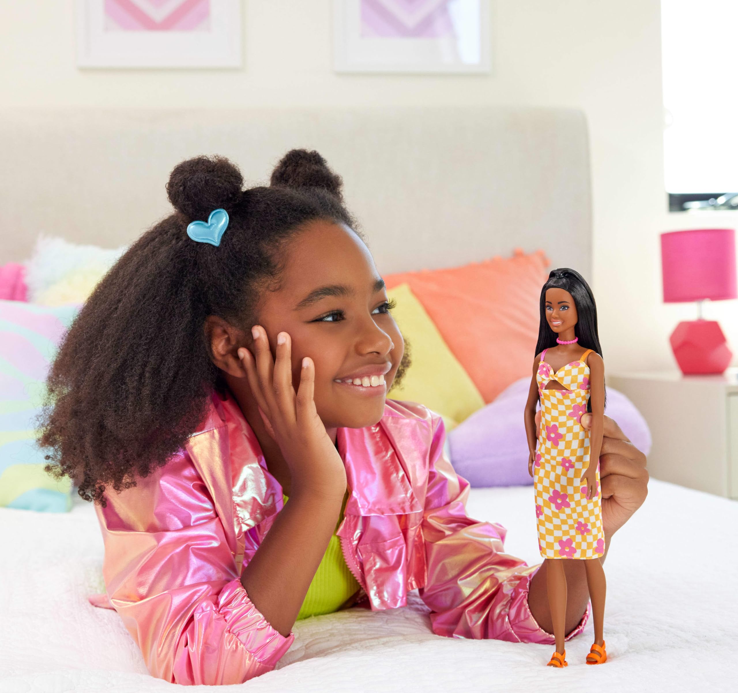 Barbie Fashionistas Doll #233 - Black Hair, Checkered Orange & White Dress 5
