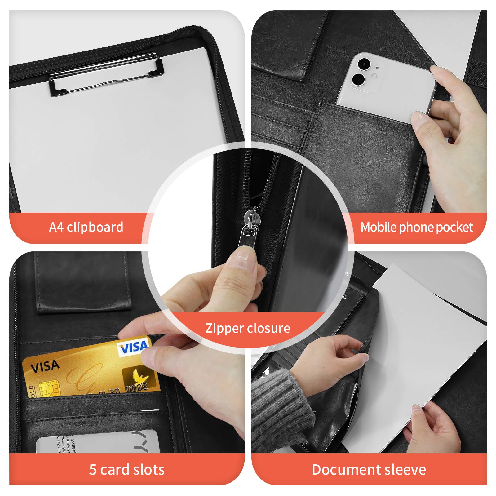NEWYES Leather Zipper Conference Folder - A4 Size, Black PU Leather, Waterproof | 5 Card Slots 4