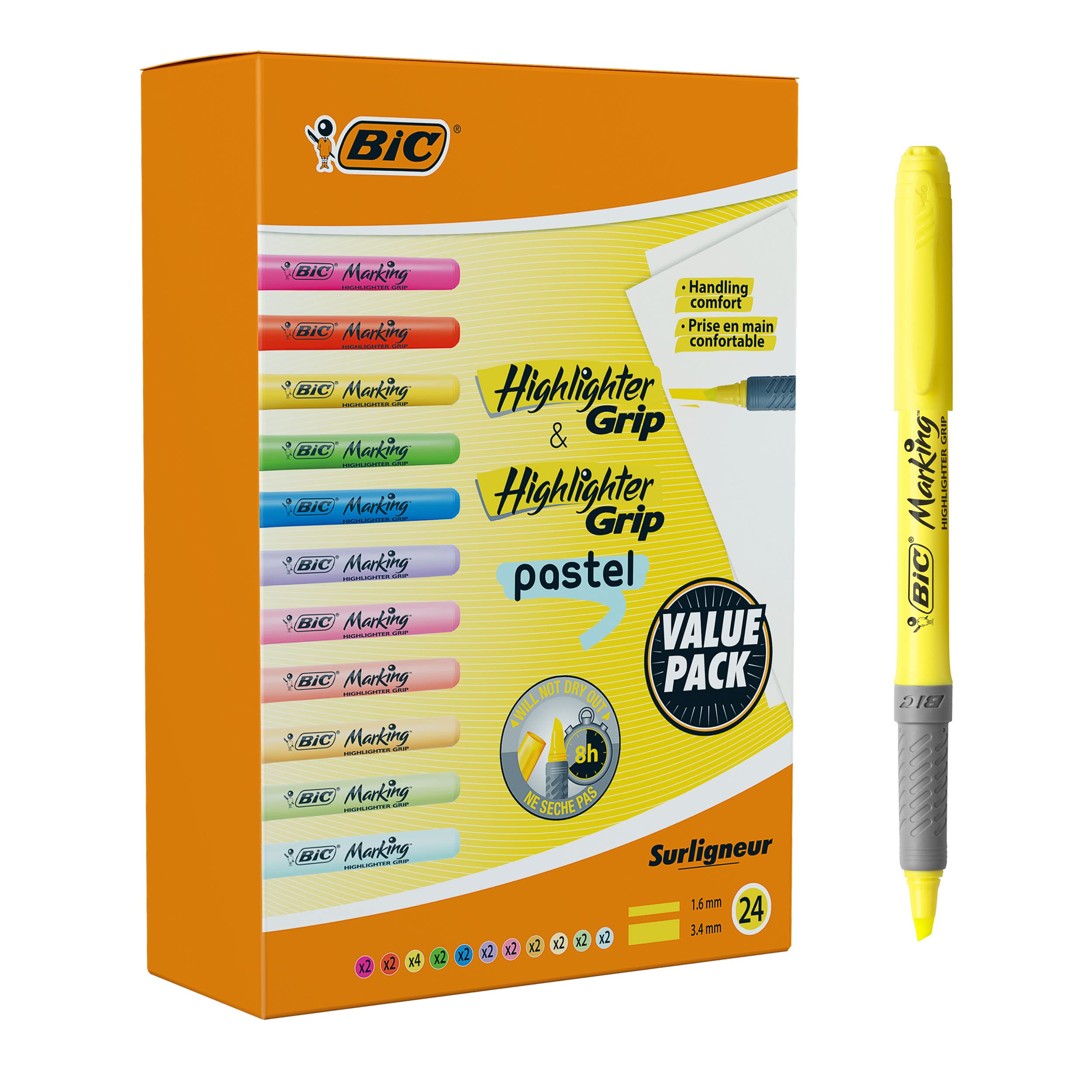 BIC Highlighter Grip Pens - Pastel & Neon Multipack | 24 Count | Water-Based Ink 1