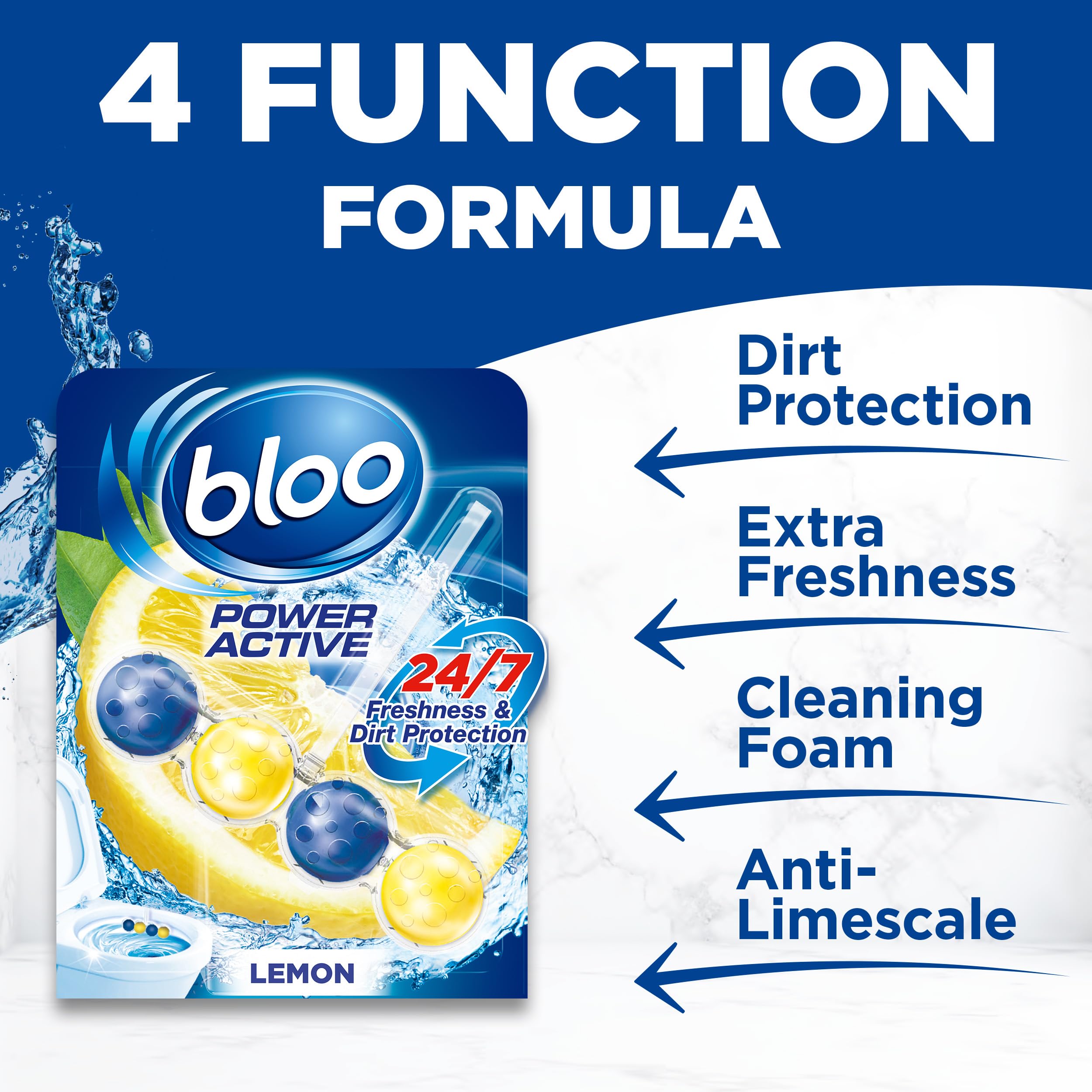 Bloo Power Active Toilet Rim Block - Lemon Scent with Anti-Limescale & Foaming Clean (240 Flushes) 3