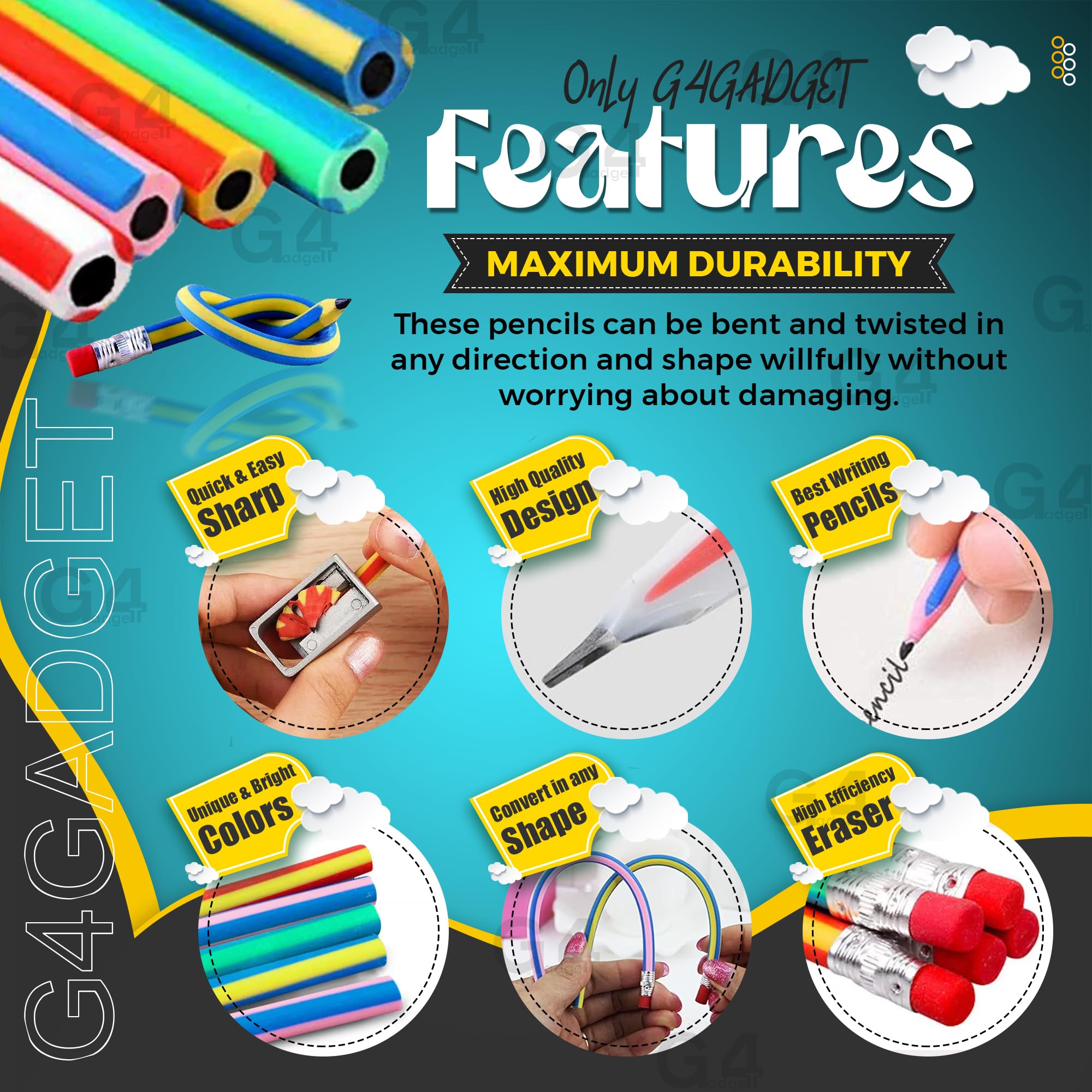 G4GADGET Soft Flexible Bendy Pencils - Plastic Material, Multicolor Ink, Includes Eraser | 10 Count 4