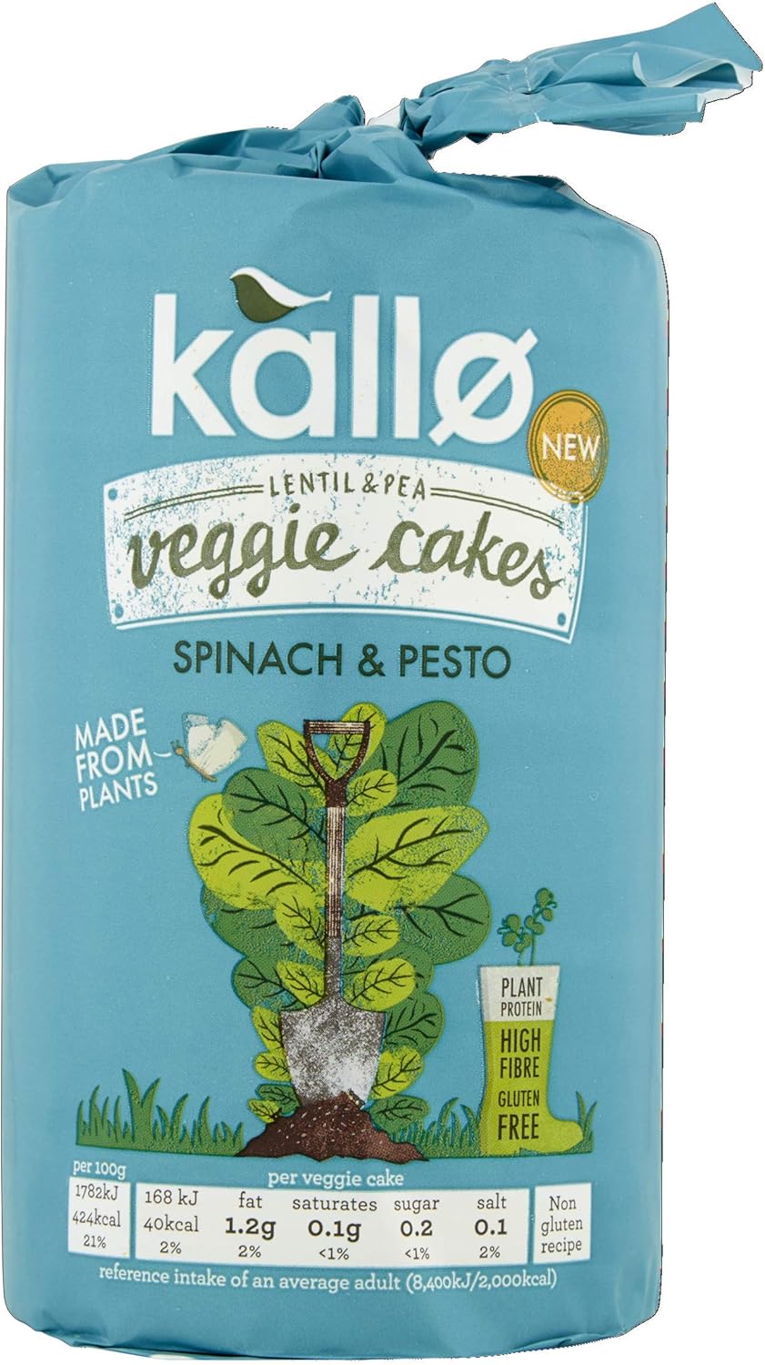 Kallo Spinach & Pesto Veggie Cakes, Lentil & Pea Puffed Crackers Made From Plant