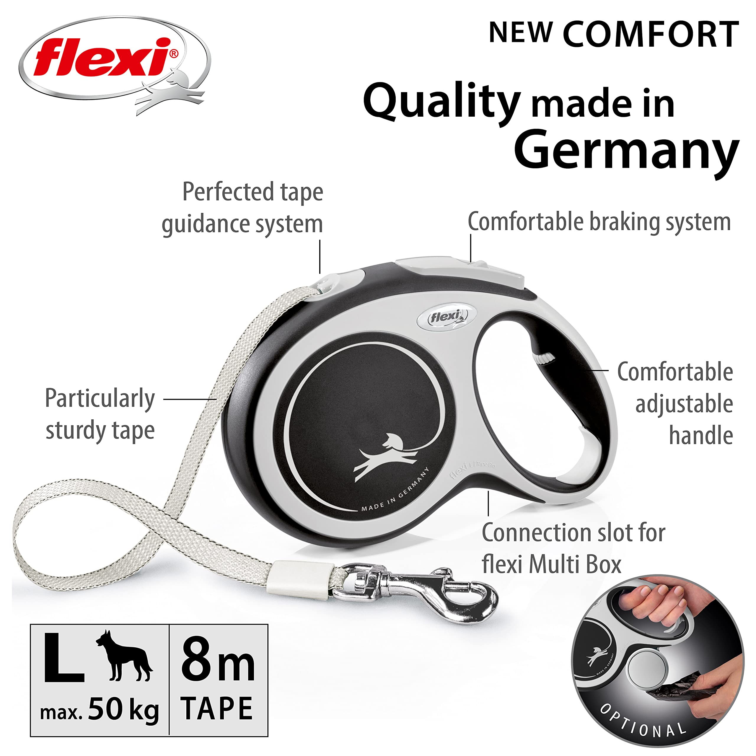 flexi New Comfort Tape Retractable Dog Lead - 8m Tape | Up to 50kg/110lbs | Grey & Black 2