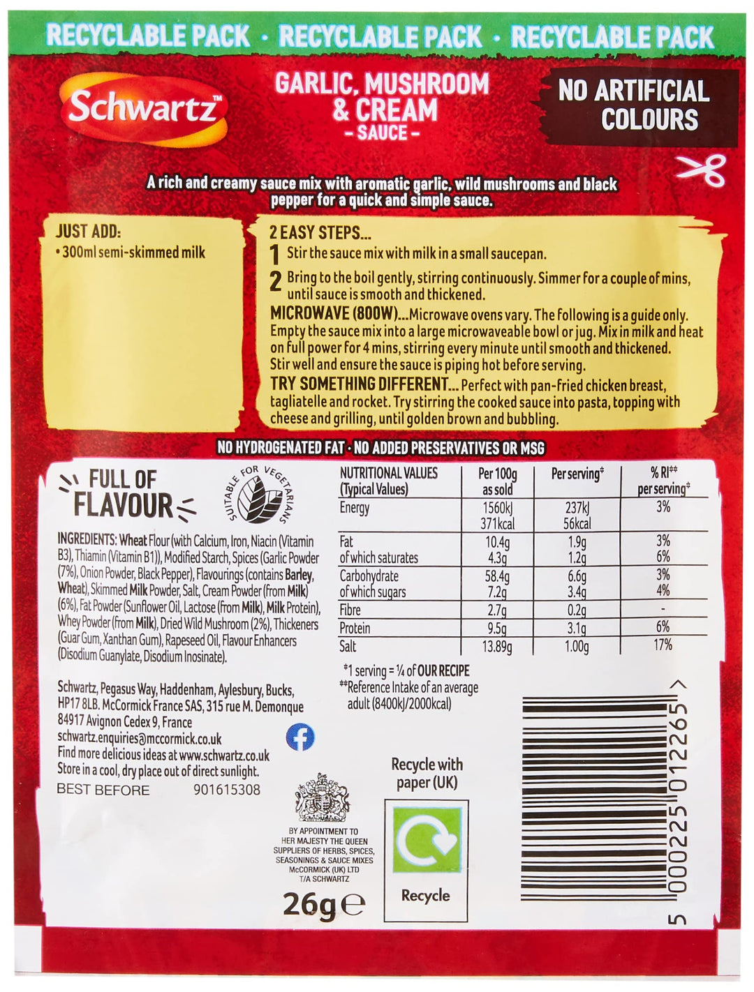 Schwartz Garlic Mushroom & Cream Sauce Mix 26g | Pack of 12 | No Artificial Ingredients