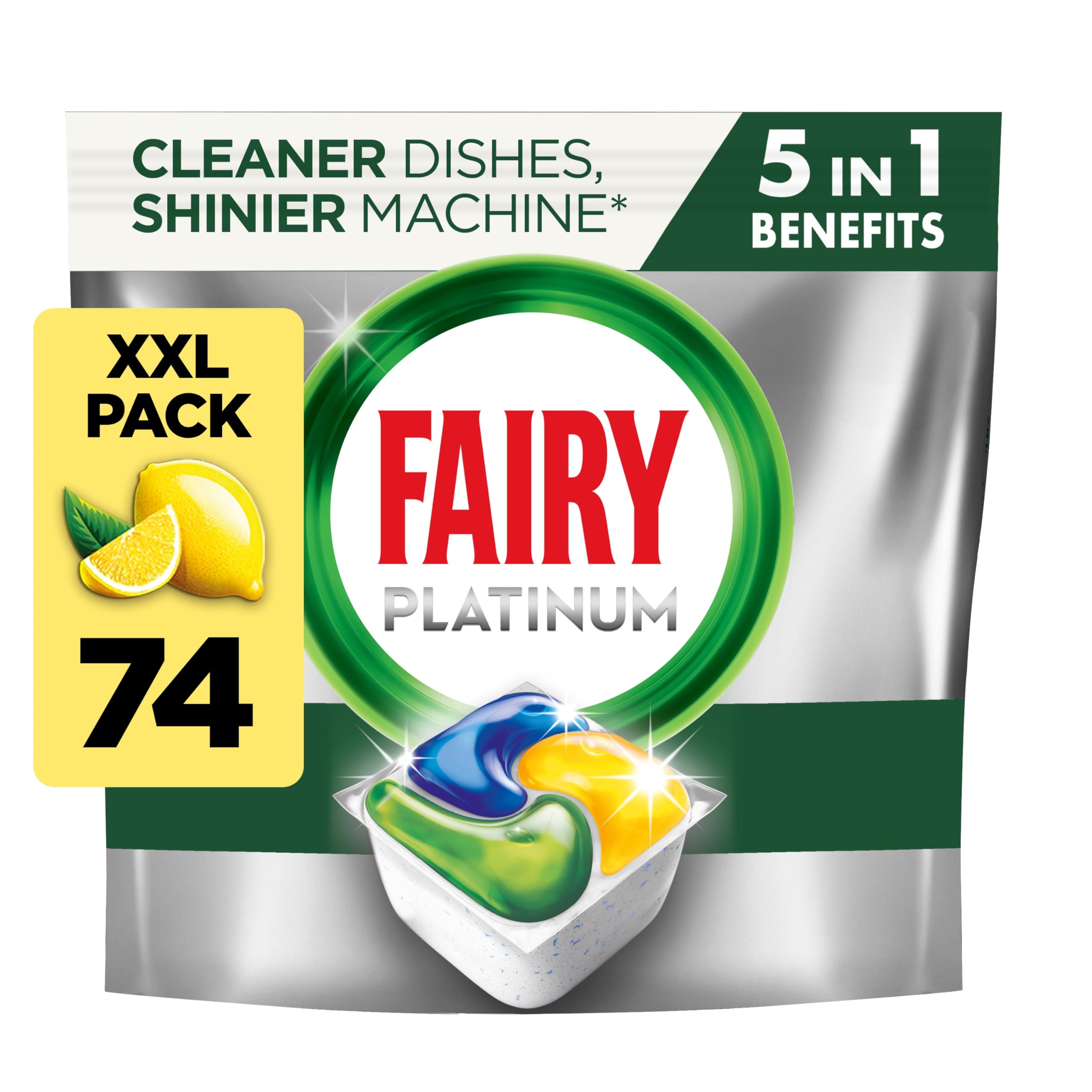 Fairy Platinum All-In-1 Dishwasher Tablets Lemon - 74 Count | Grease Prevention & Rinse Aid Action 1