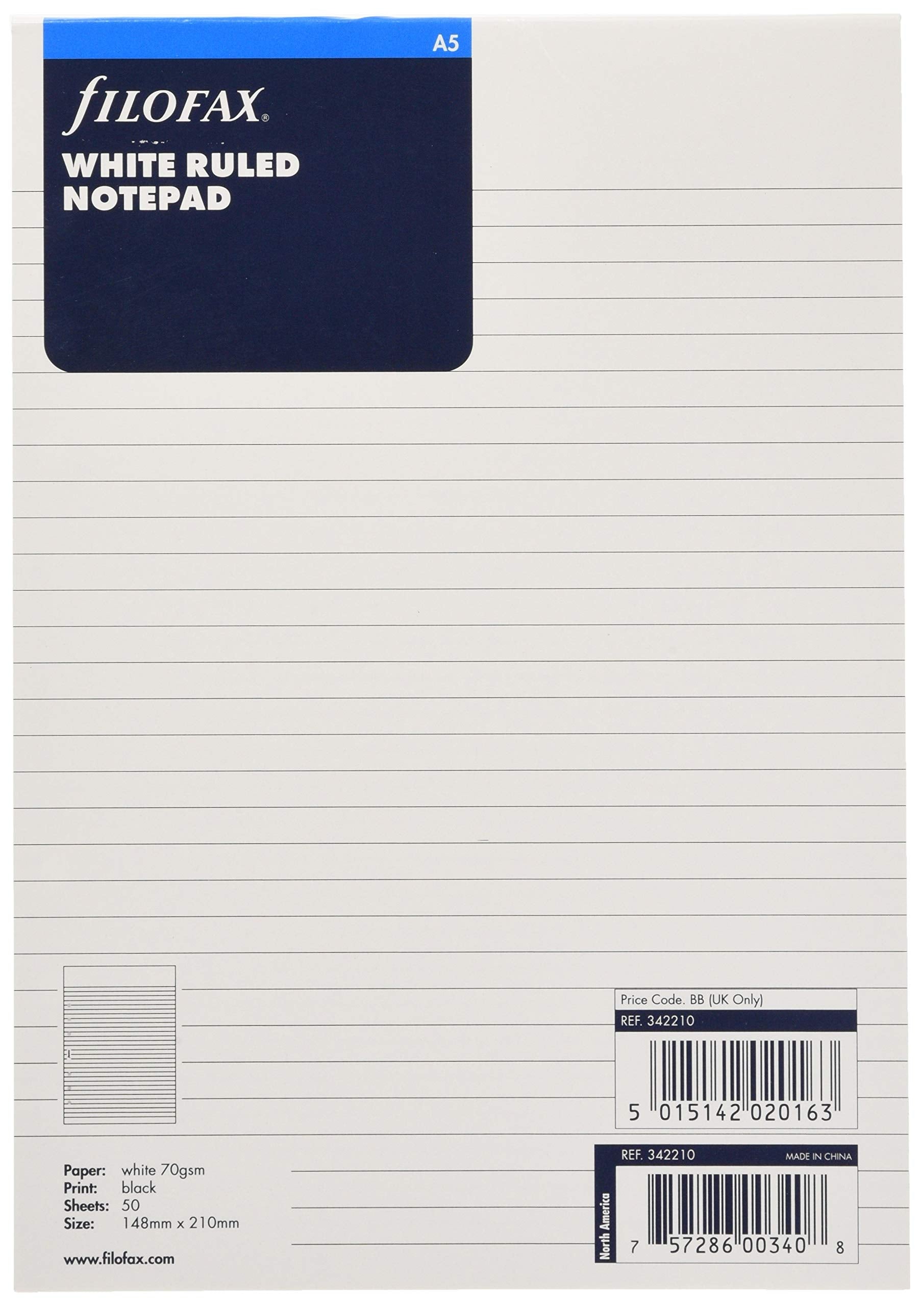 Filofax A5 Ruled Notepad Refill - White Paper | 50 Leaves | 148mm x 210mm