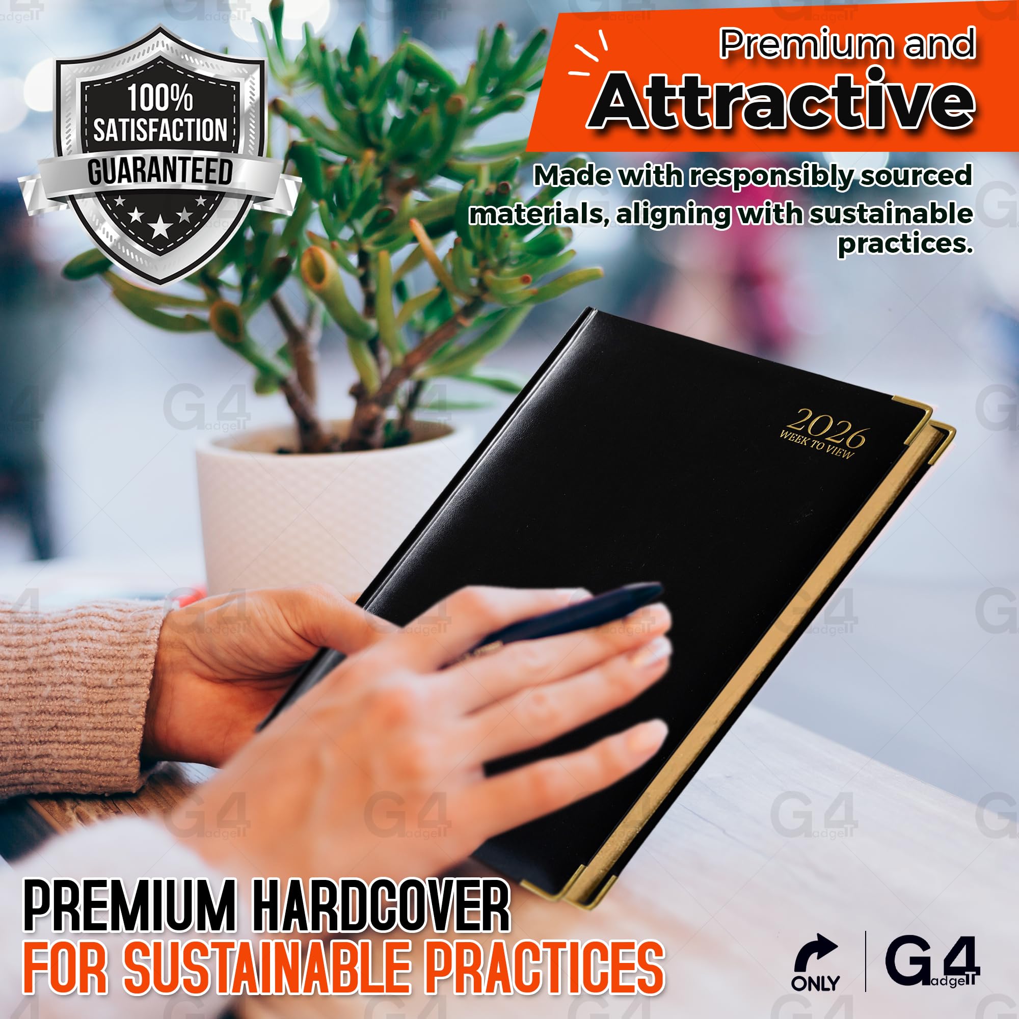G4GADGET 2026 A4 Week to View Diary | Black Hardback with Gilt Edges | 195 Pages 3