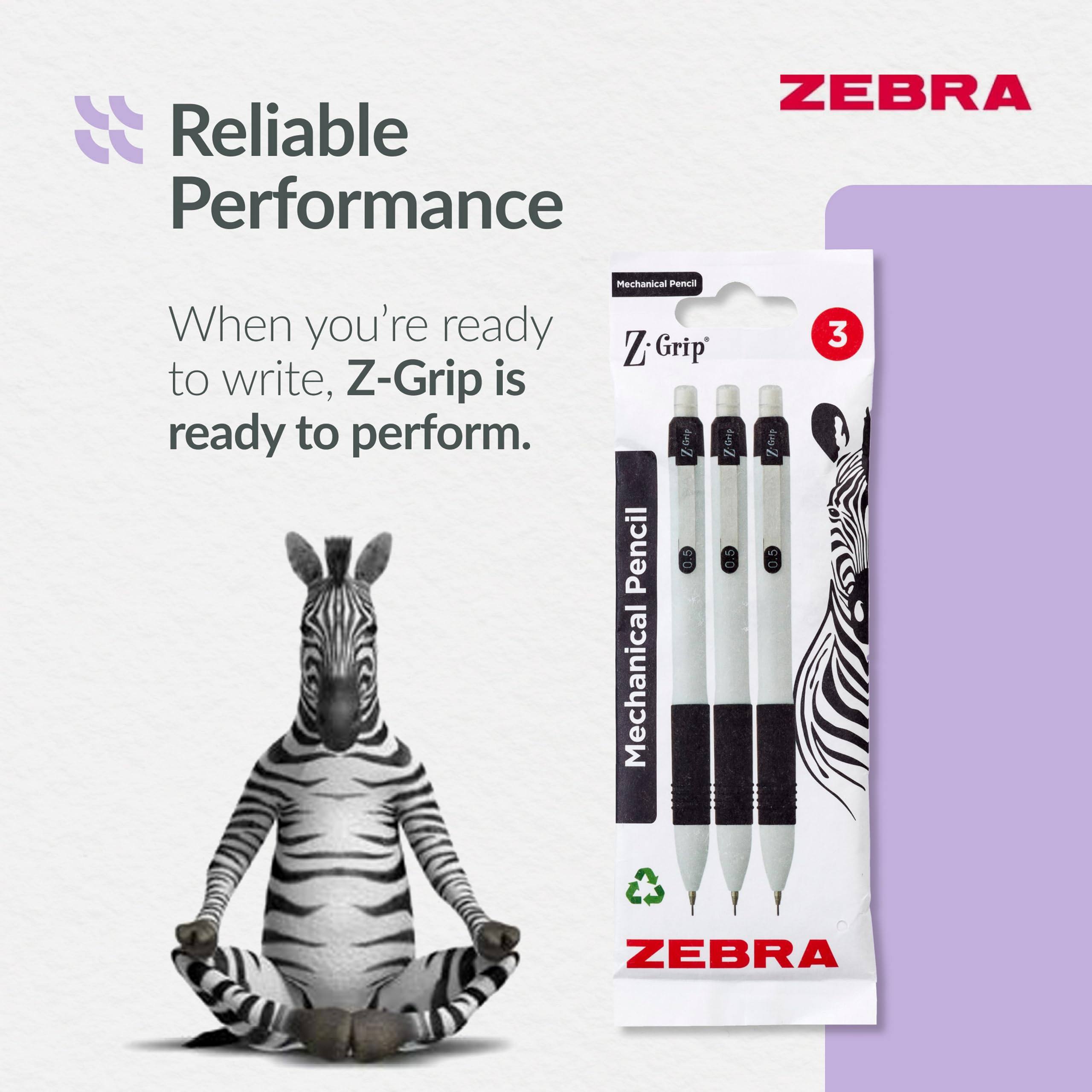Zebra Pen Z-Grip Mechanical Pencil - 0.5mm Fine Tip, Retractable, White Barrel | 3 Pack