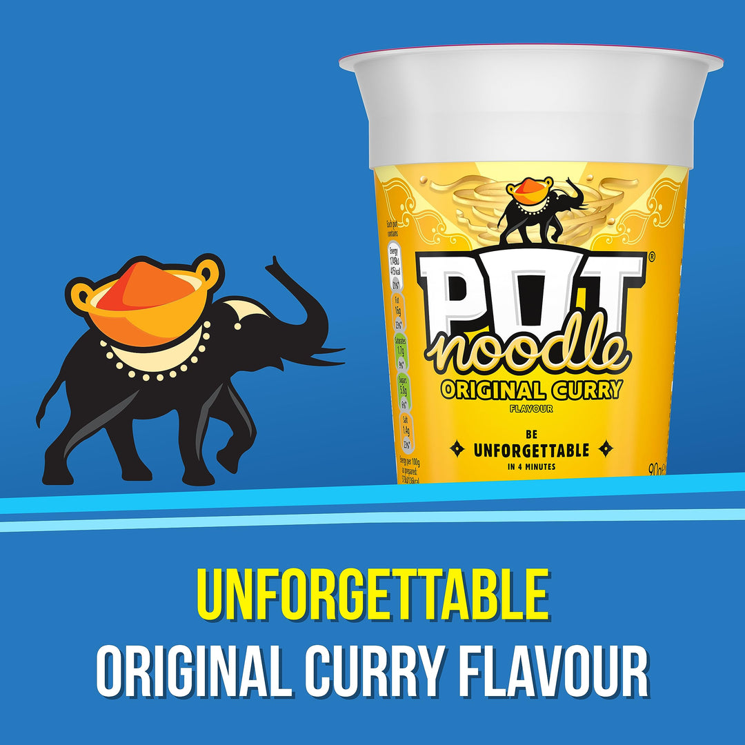 Pot Noodle Original Curry Flavour, 90g Pot, Pack of 12 – Quick Vegetarian Instant Noodles with Mango Chutney Sachet