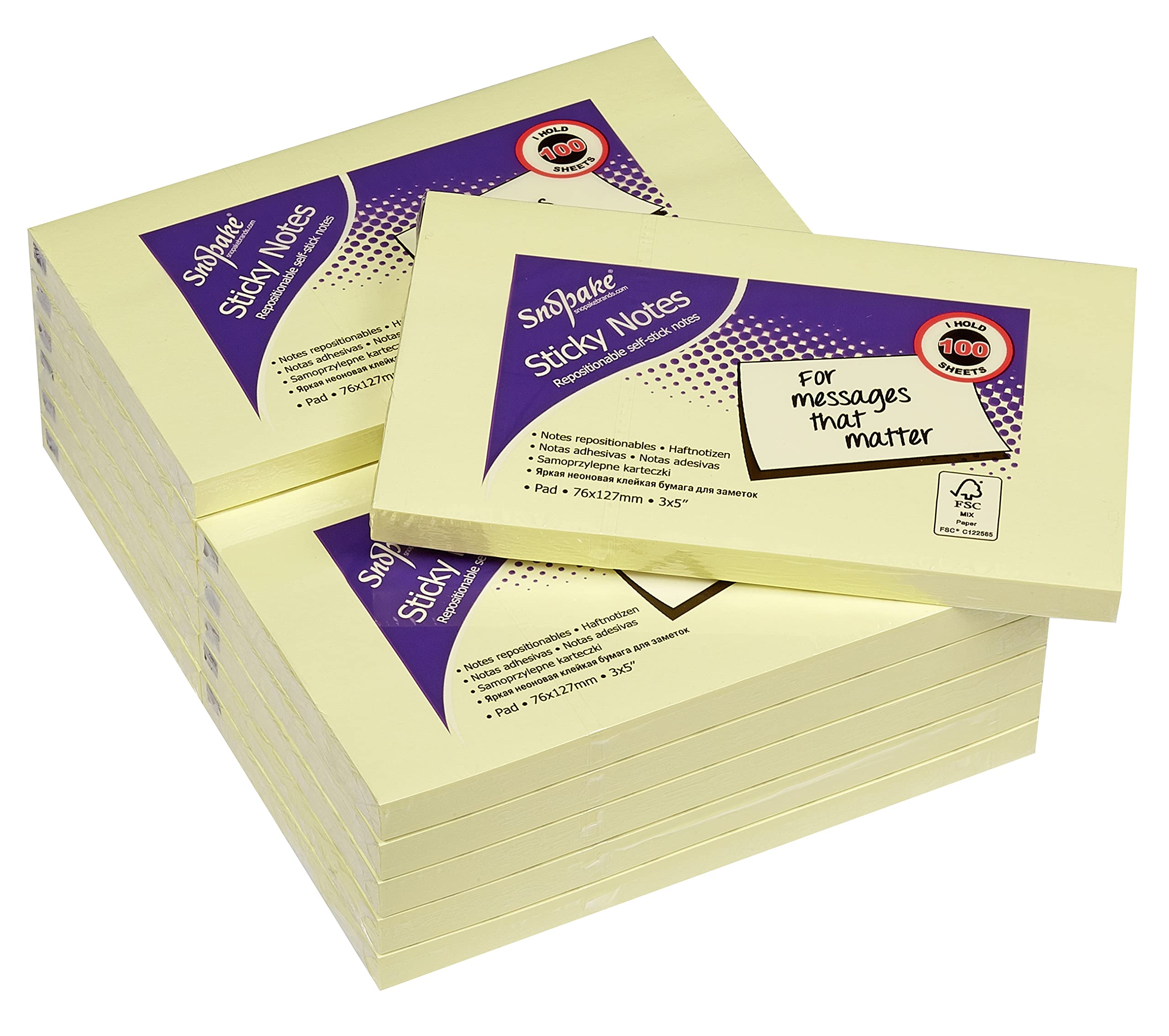 Snopake Yellow Self-Stick Notes - 127 x 76 mm | 12 Pads of 100 Sheets | Stronger Adhesive