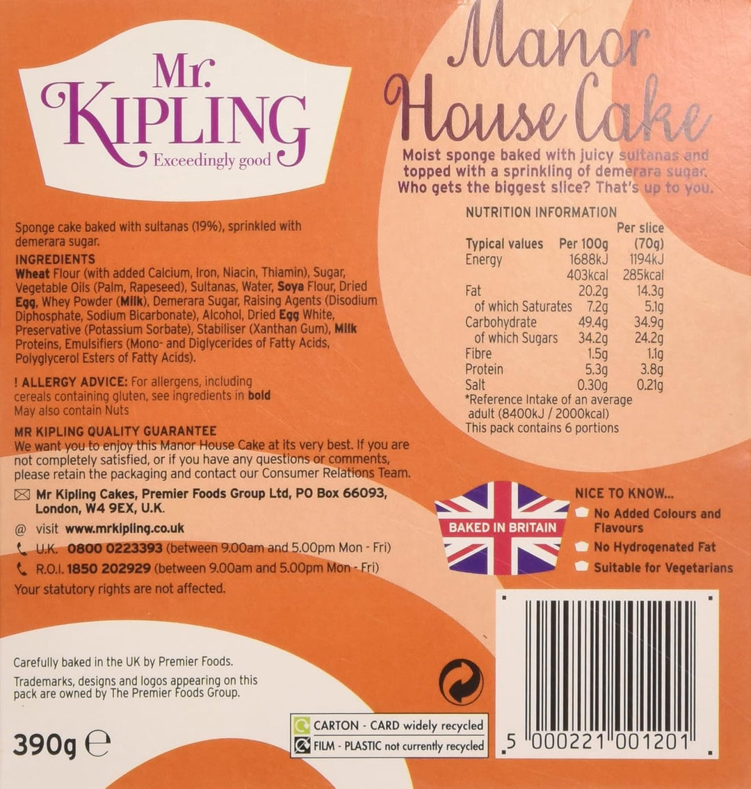 Mr Kipling Manor House Cake - Golden Sponge with Sultanas & Demerara Sugar, 390g