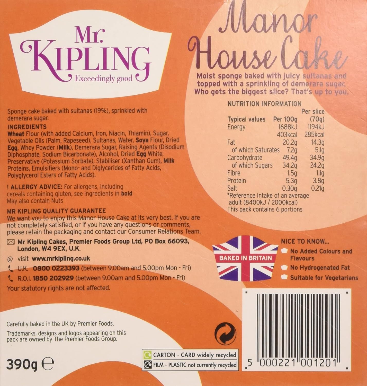 Mr Kipling Manor House Cake - Golden Sponge with Sultanas & Demerara Sugar, 390g 8