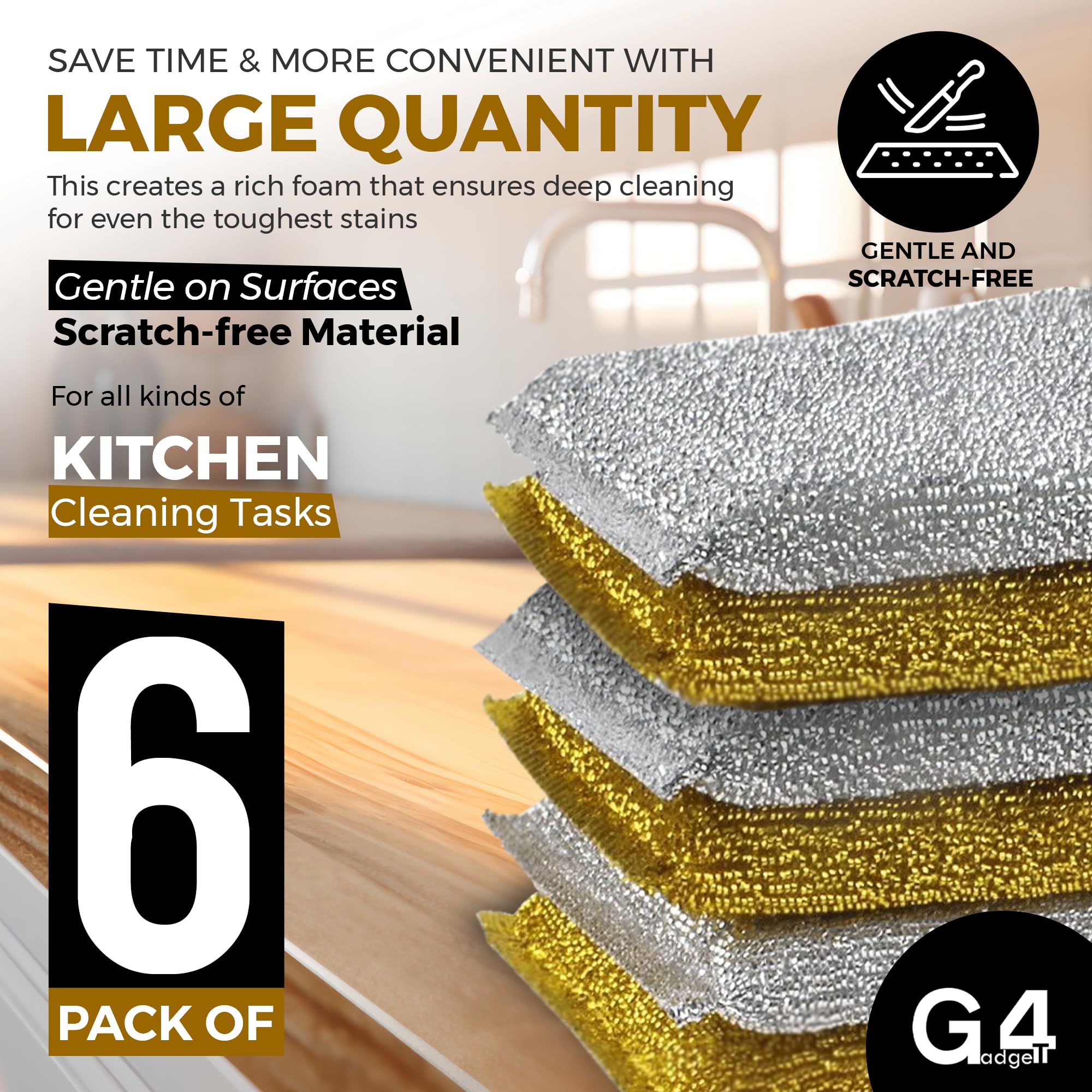 G4GADGET - 6 Pack Metallic Scouring Pads Non-Scratch Kitchen Scrubber 5