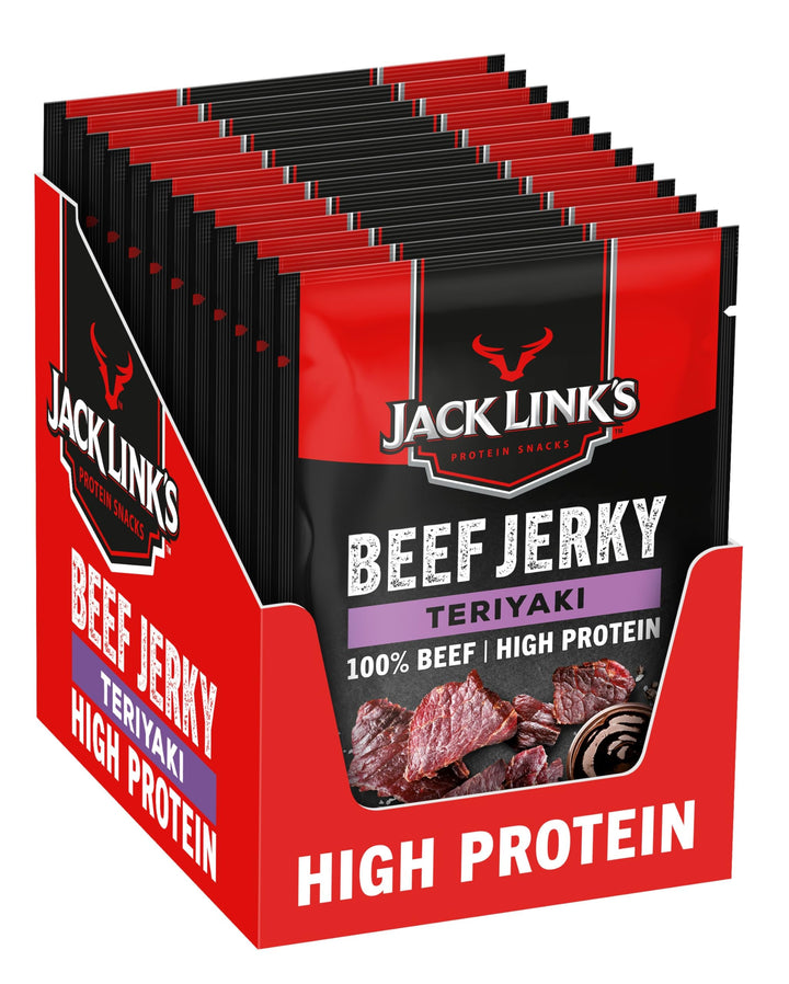 Jack Link's Beef Jerky, Teriyaki Flavour, Multipack of 12 x 25g Bags, High Protein Meat Snack, Made with Premium Beef
