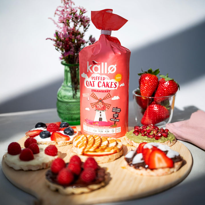 Kallo Strawberry Puffed Oat Cakes - Gluten-Free, High in Fibre, Cholesterol-Lowering