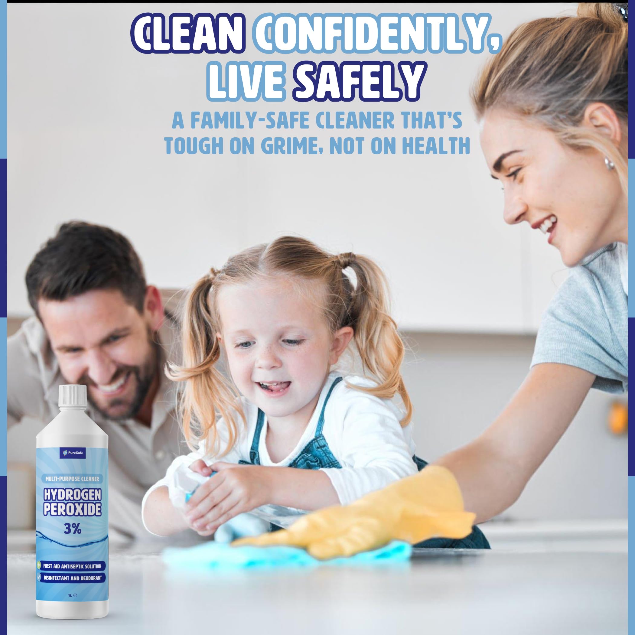 Pure Safe - Wasserstoffperoxid 3% Lösung 1 Ltr – Mehrzweck-Haushaltsreiniger 3