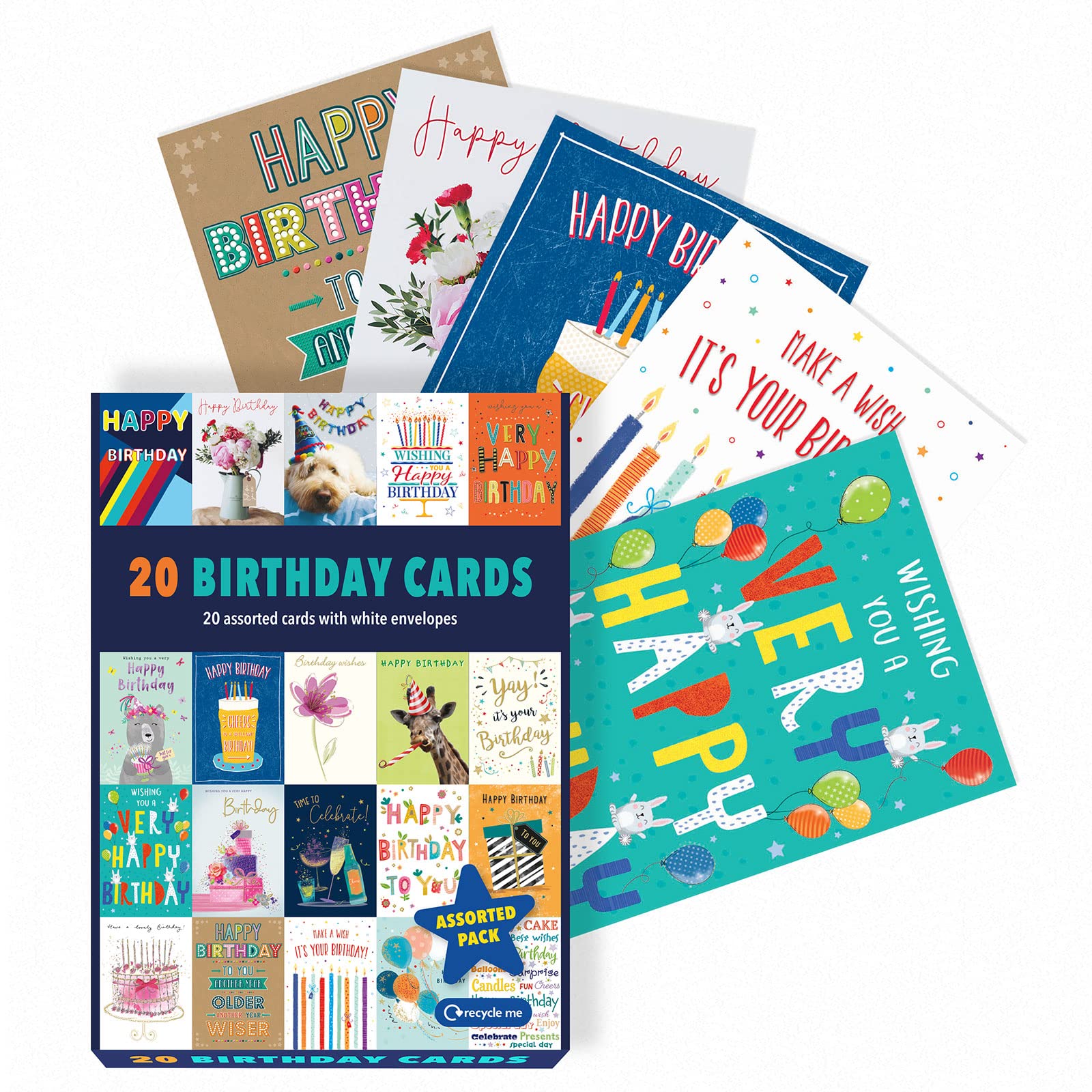 Piccadilly Greetings Assorted Birthday Cards Multipack - 20 Cards, 5x7 Inches, Unique Designs, White Envelopes 1
