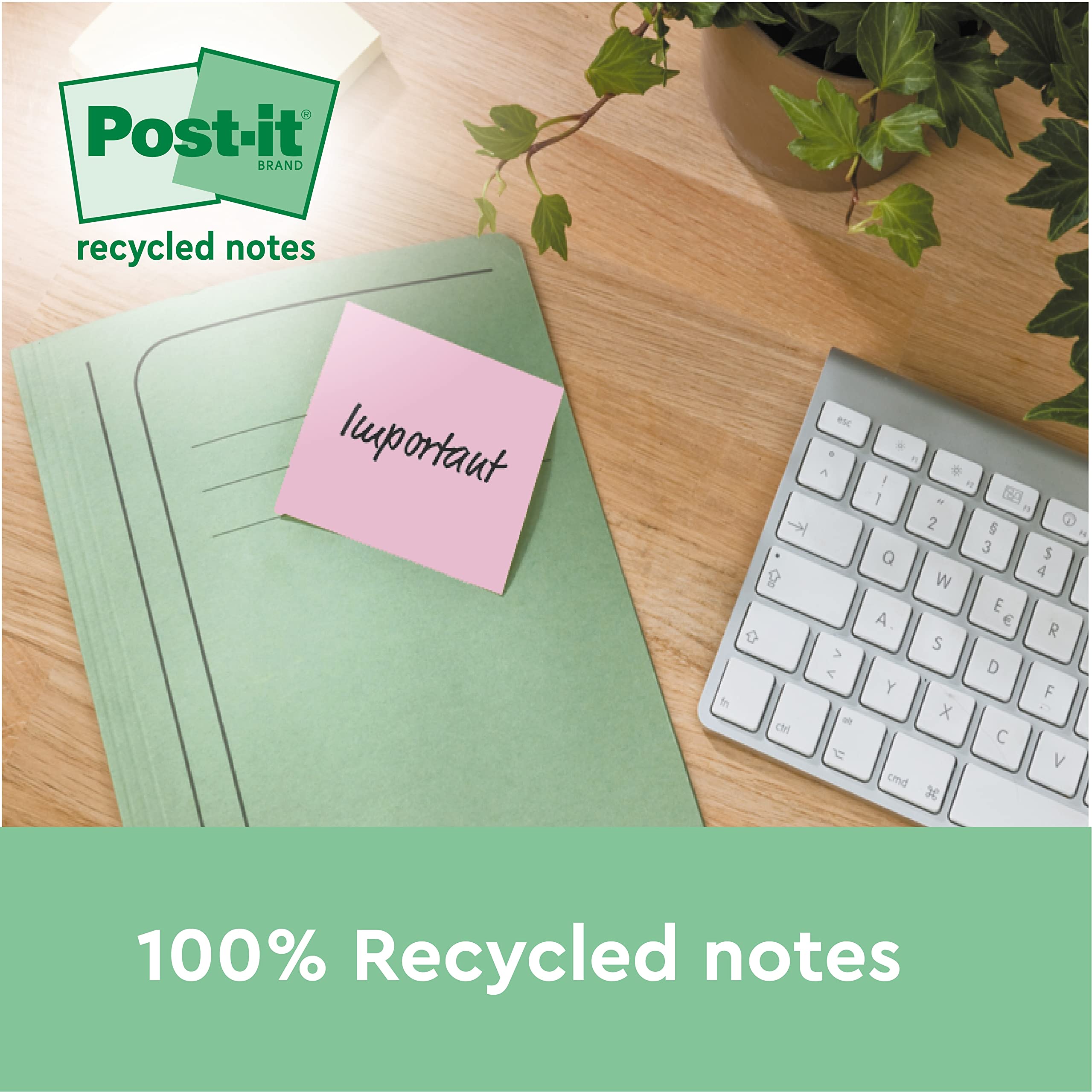 Post-it Super Sticky 100% Recycled Notes - 4 Pad Pack (3+1 Free) | 70 Sheets Each | Pink, Green, Yellow, Blue 2