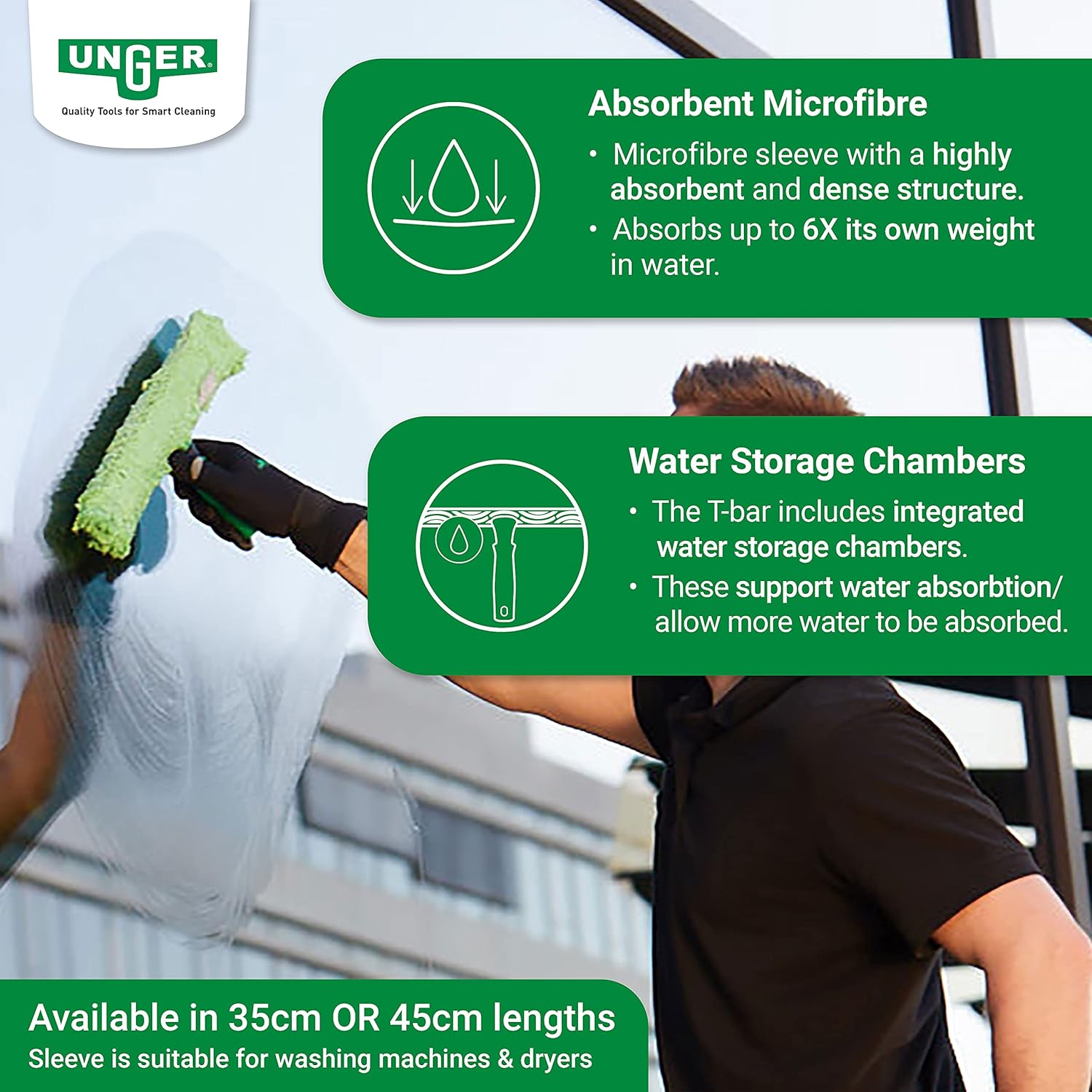 Unger 79020 Fensterputzer MicroStrip 35 cm, Mikrofaserbezug mit Schmutzpad 8