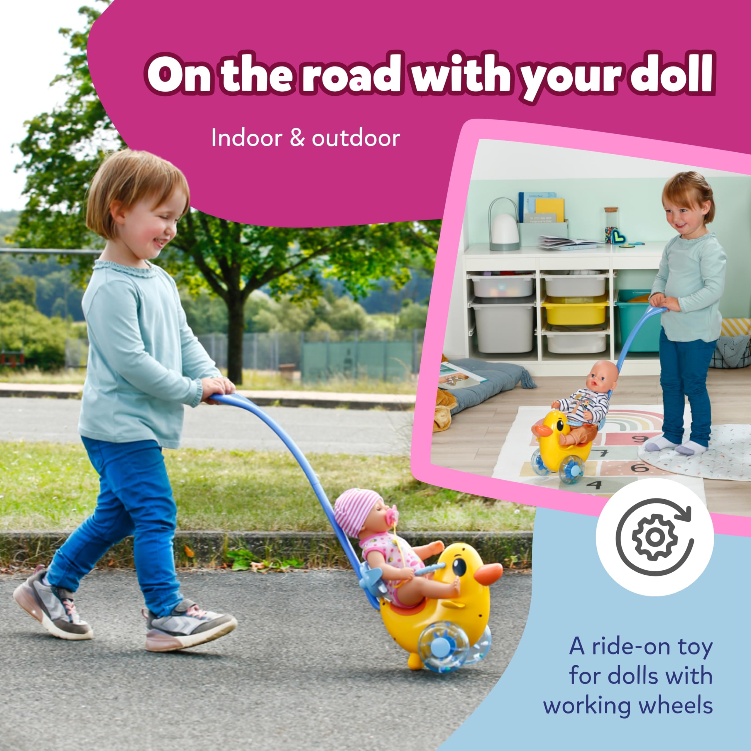 BABY born Push-Along Berta Doll Ride-On Toy | Adjustable Handlebar | Rattling Wheels | For 36cm & 43cm Dolls