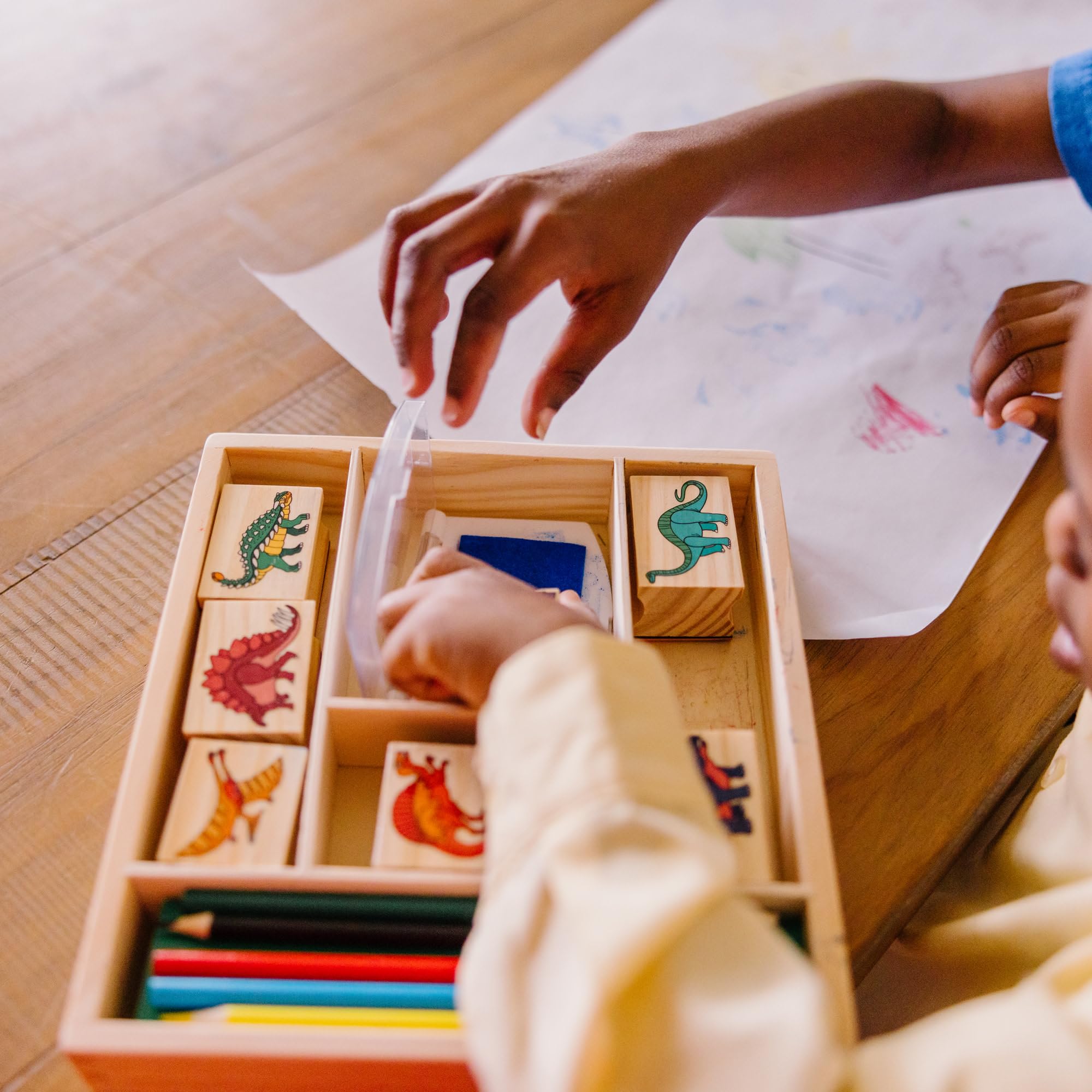 Melissa & Doug Dinosaur Stamp Set - 8 Stamps, 2-Color Inkpad & Colored Pencils, Ages 4+ 11