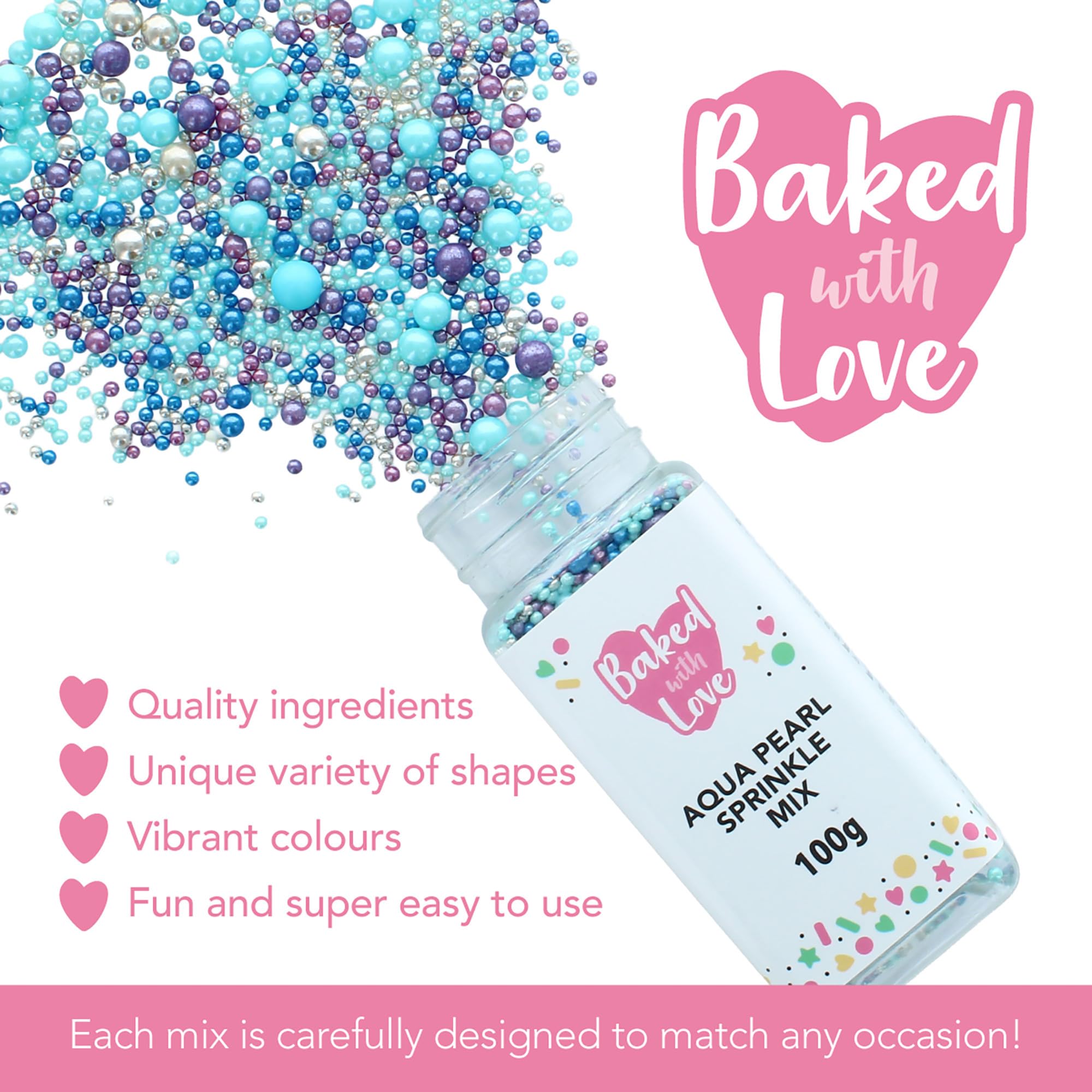 Baked with Love Aqua Pearl Sprinkles - Blue, Purple, Silver Mix | 100g Resealable Bottle