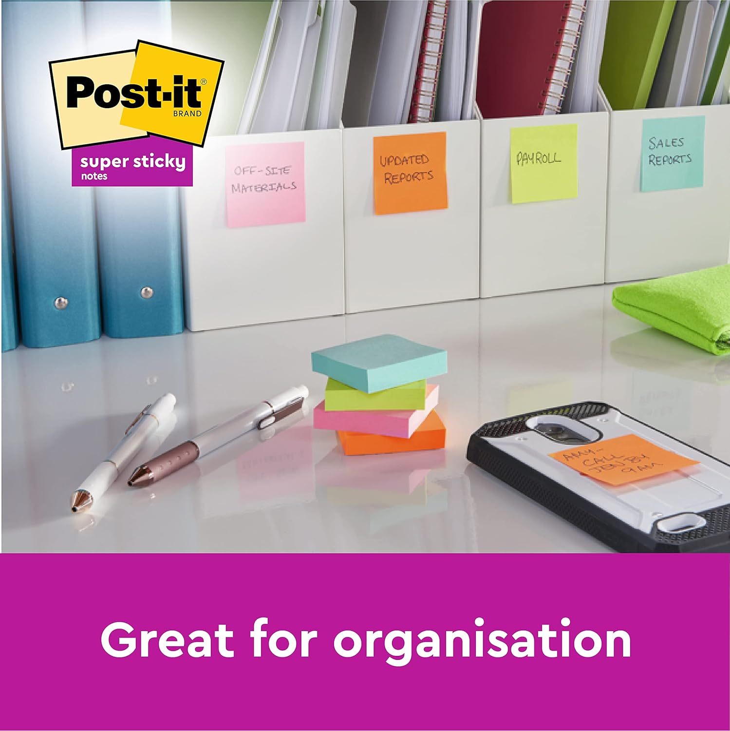 Post it Notes Super Sticky Notes Value Pack, 76 x 76 mm, Assorted Colours, Pack of 24 (90 Sheets Per Pad) 6