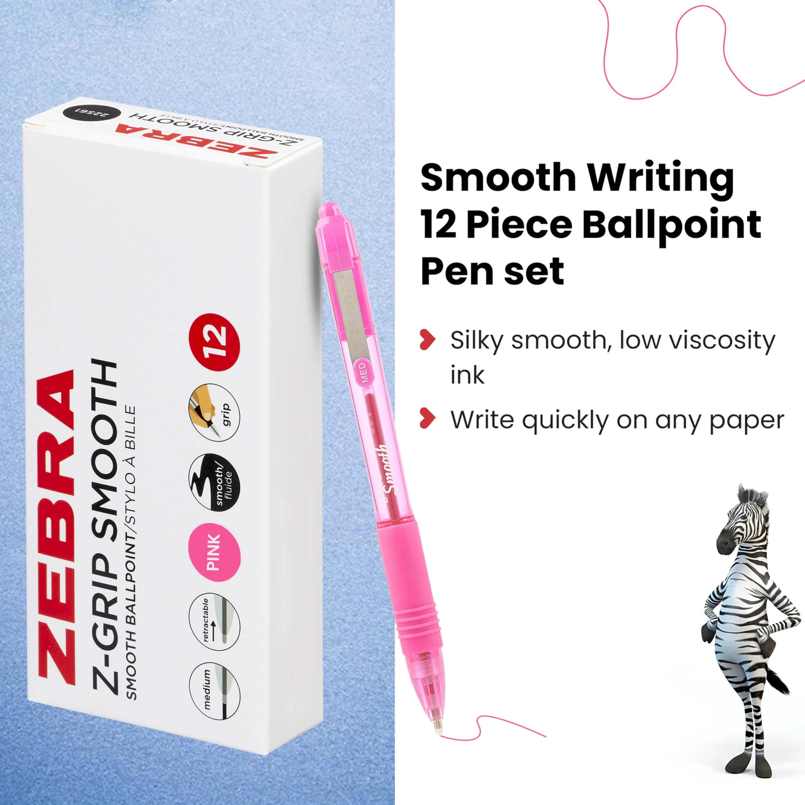 Zebra Pen Z-Grip Smooth Ballpoint Pen - Pink Ink, 1.0mm Medium Point | 12 Count Pack 3
