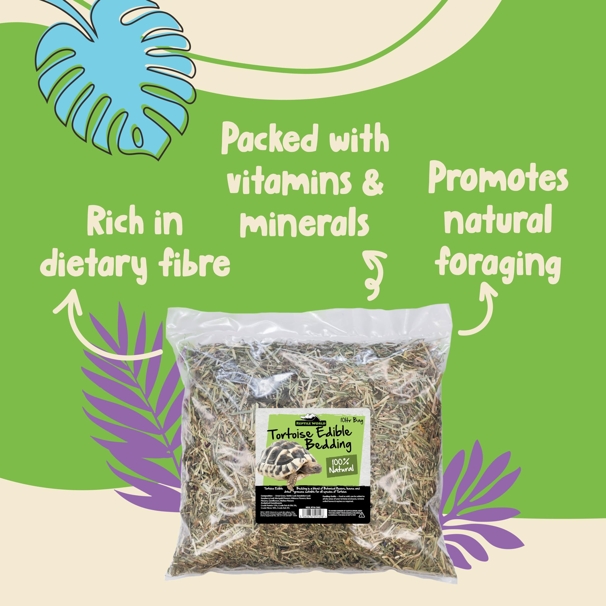 Reptile World Edible Tortoise Bedding - 10L Bag | Natural Grass & Flowers | All Life Stages