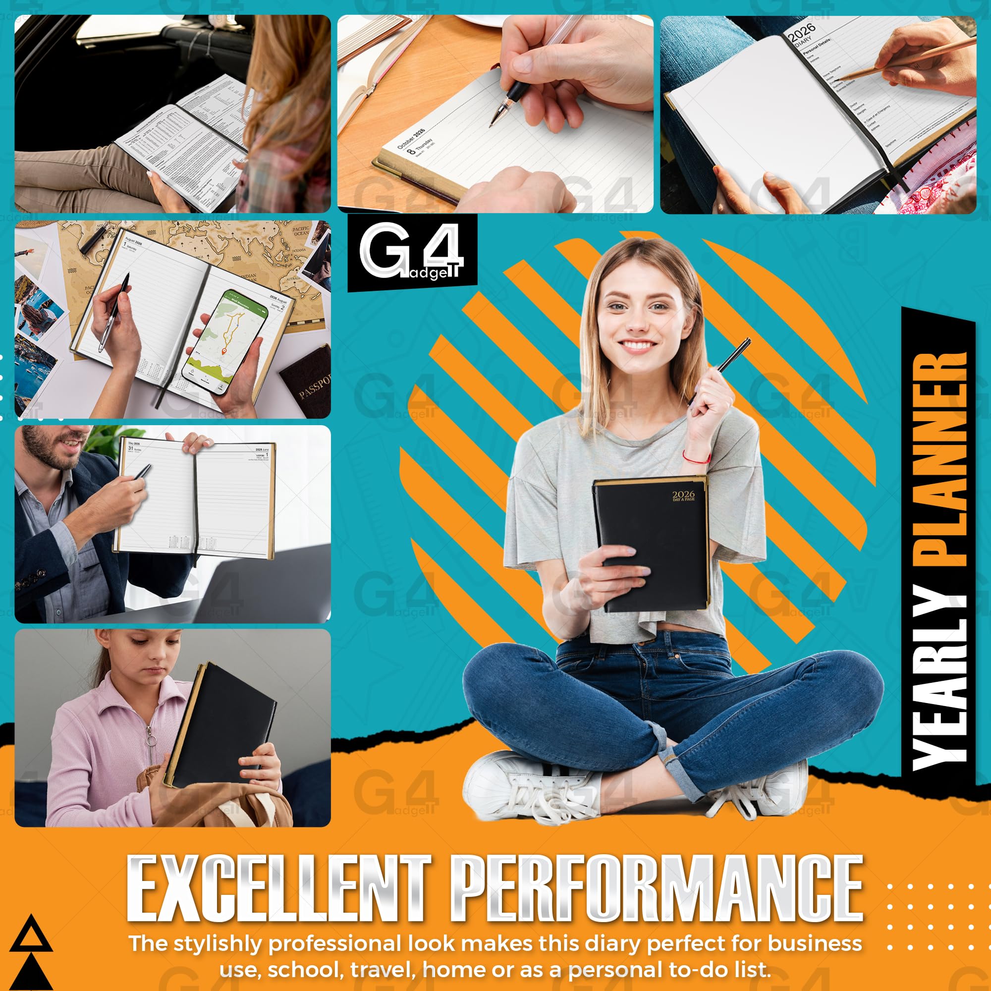 G4GADGET A5 2026 Day a Page Diary - Black Hardback with Gilt Edges | UK Holidays 5