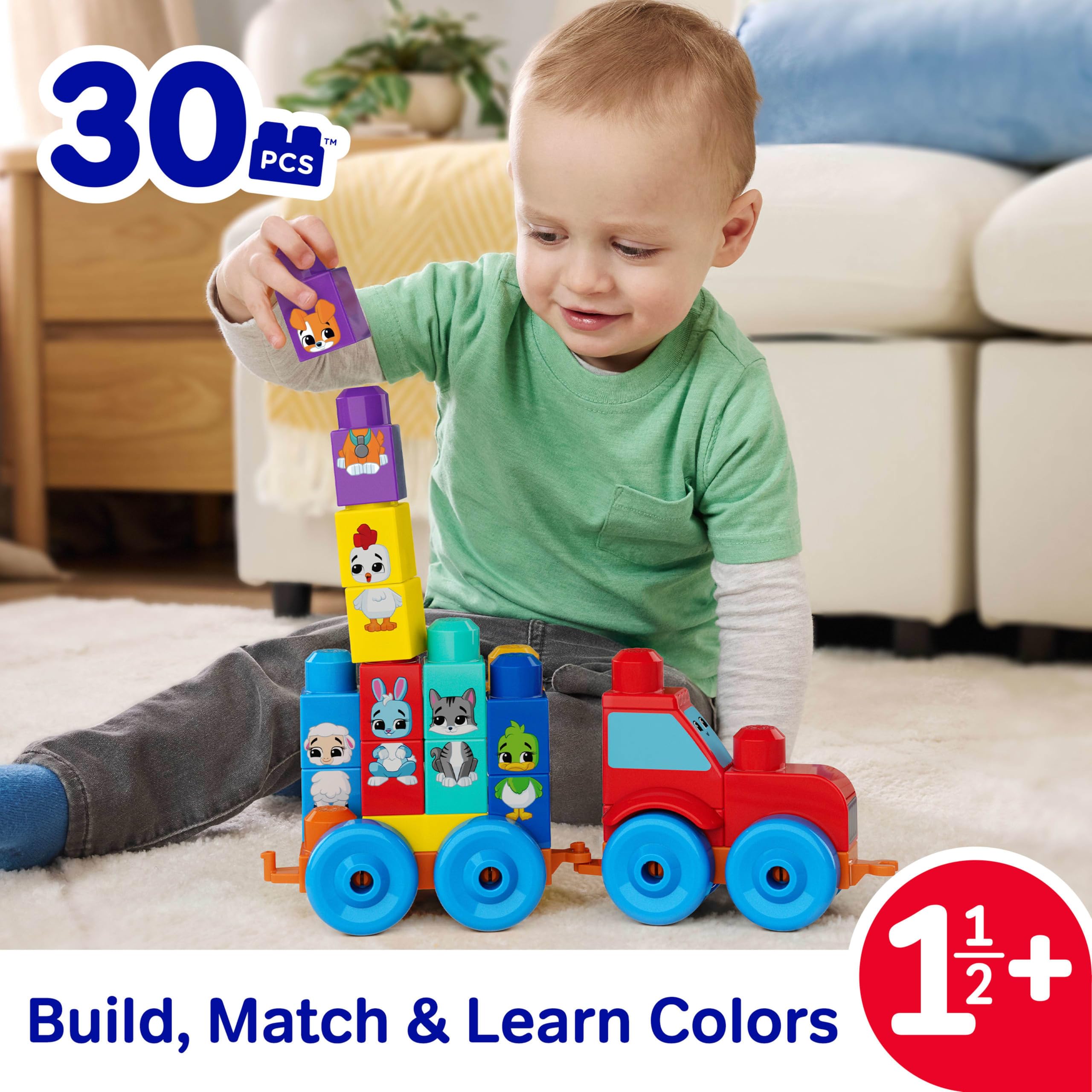 Mega Bloks First Builders Toddler Block Toys Set - Build & Match Animal Tractor, 30 Pieces, Ages 1.5+ 2
