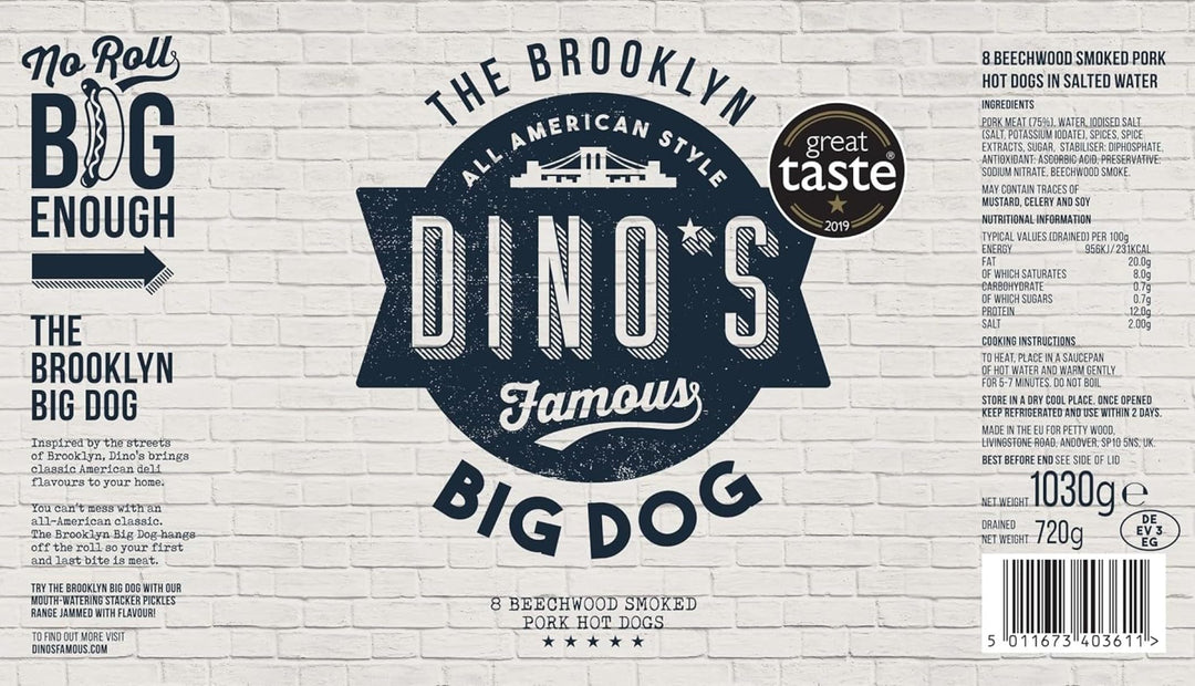 Dino's Famous - Brooklyn Big Dogs All American Style Beechwood Smoked Pork Hot Dogs 720g Jar