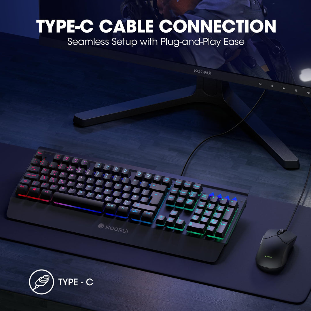 KOORUI Gaming Keyboard Mouse Set - 104-Key QWERTY Mechanical-Like Keyboard with Palm Rest & 6-Button Gaming Mouse, Black
