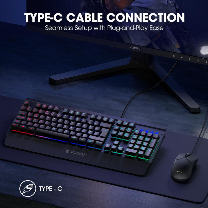 KOORUI Gaming Keyboard Mouse Set - 104-Key QWERTY Mechanical-Like Keyboard with Palm Rest & 6-Button Gaming Mouse, Black