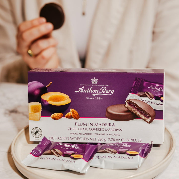 Anthon Berg Dark Chocolate Covered Marzipan Treats with Plum in Madeira 220g