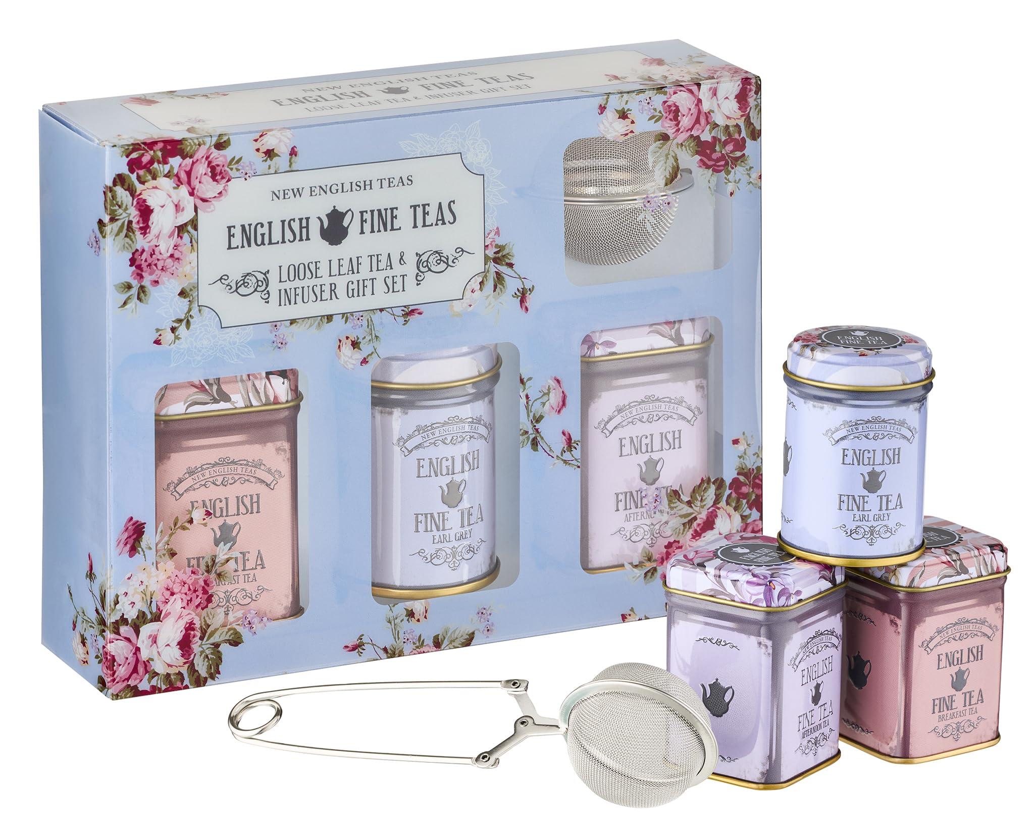 New English Teas Loose Leaf Black Tea Gift Set with Infuser | 3 Floral Tins | 70g 1