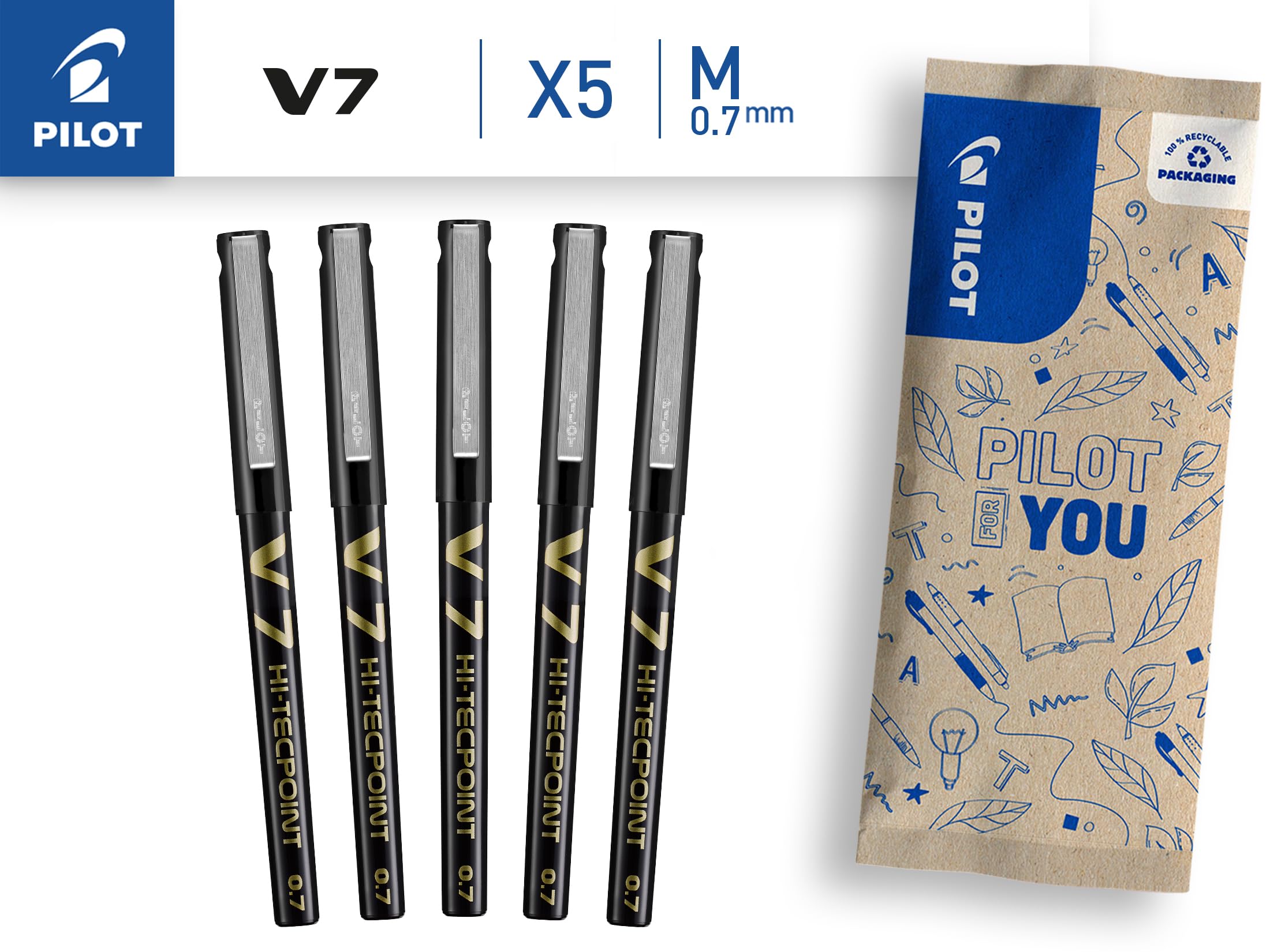 PILOT V7 Liquid Ink Rollerball Pen Set - 5 Pack Black Ink | 0.7mm Medium Tip | Fade Resistant