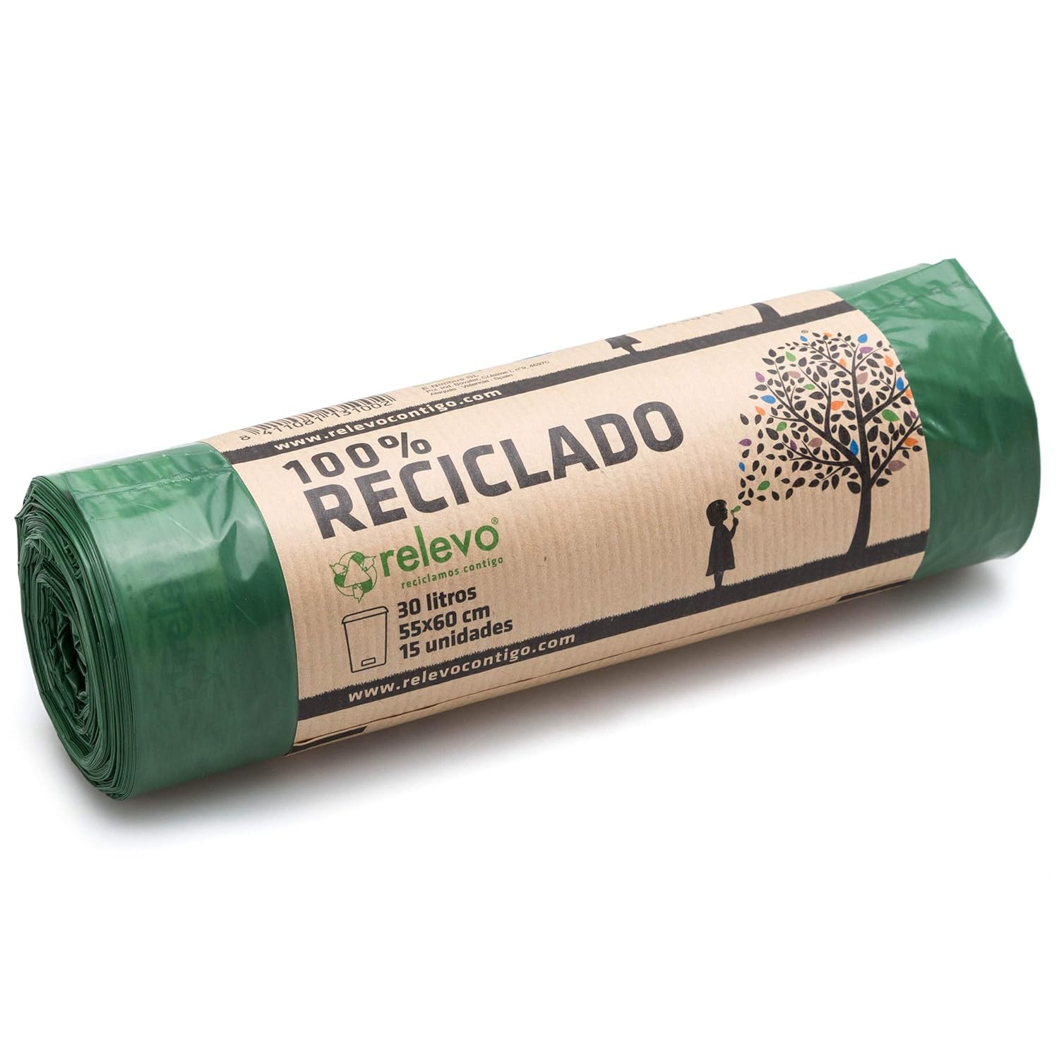 Relevo 100% Recycled Heavy Duty Bin Liners 30L - 15 Bags, Anti-Drip System, Blue Angel Certified