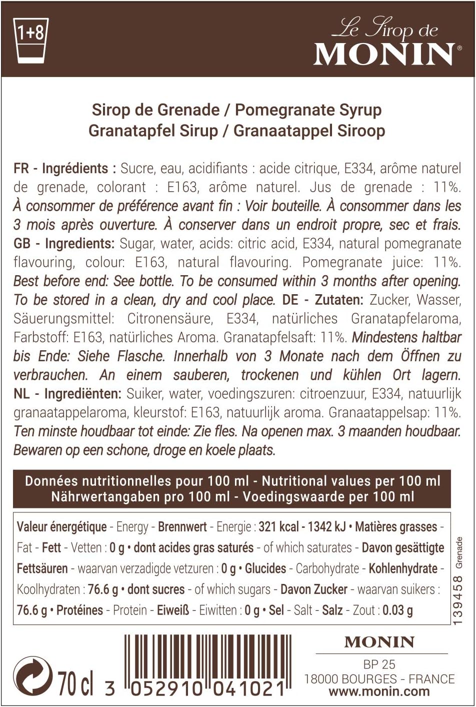 Monin Pomegranate Syrup 700ml Glass Bottle