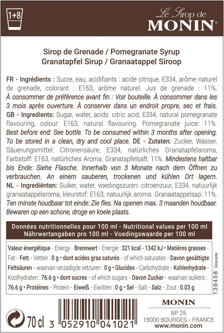 Monin Pomegranate Syrup 700ml Glass Bottle