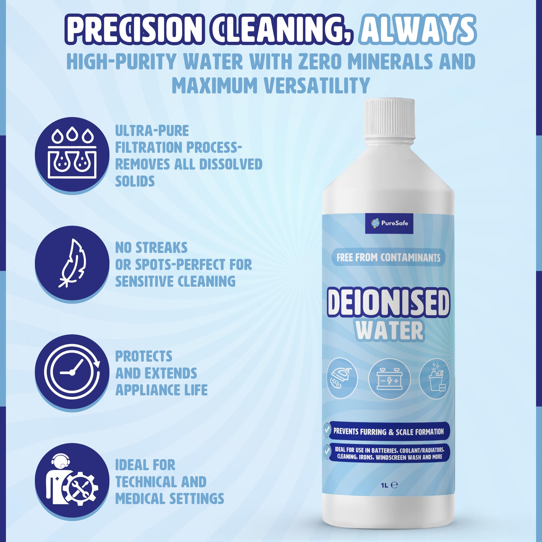 Pure Safe Deionised Water - 1 Litre Mineral-Free Liquid for Appliances & Batteries 7