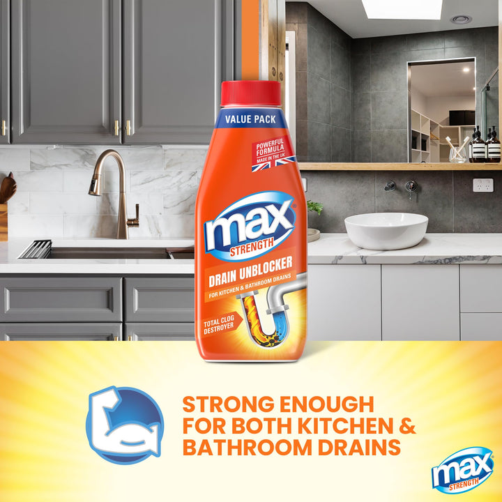 Max - Strength Drain Unblocker 1L Heavy Duty Liquid for Sink, Toilet & Shower