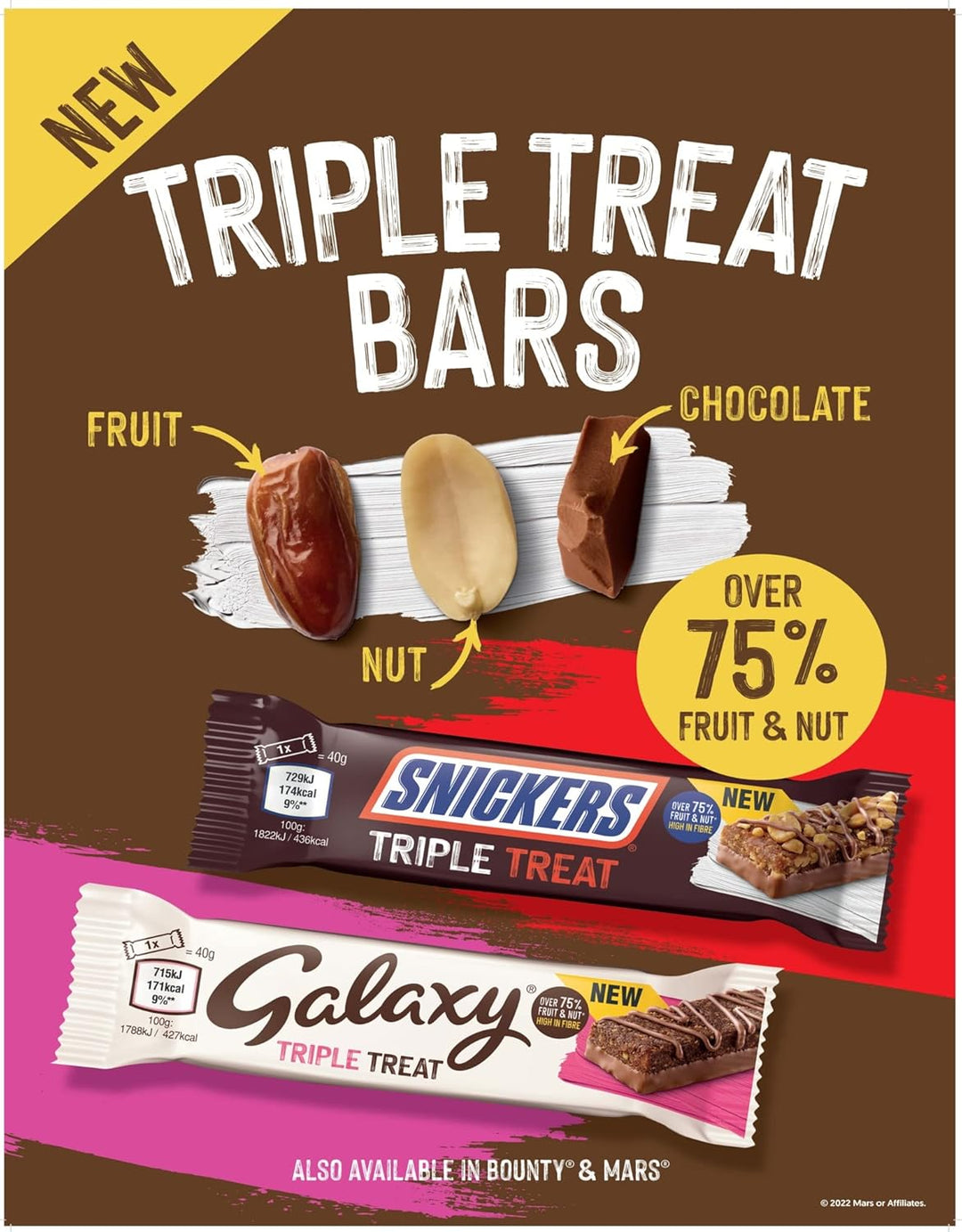 Bounty Triple Treat Fruit & Nut Chocolate Bars, Milk Chocolate Snacks with Dates, Raisins & Peanuts, 18-Pack